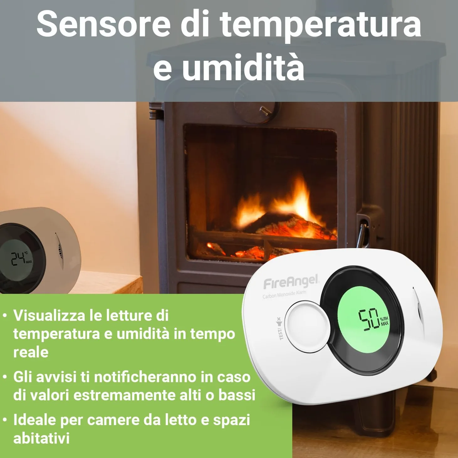 FireAngel Rilevatore Monossido di Carbonio – Rilevatore CO, Umidità, Temperatura FA3322 – Sensore Monossido di Carbonio per Casa e Viaggio