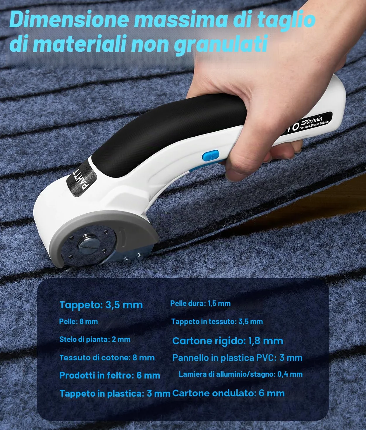 PAHTTO Forbici elettriche senza fili Taglierina rotante 4V 320 giri/min con 2 lame autoaffilanti per cartone, pelle, tessuto
