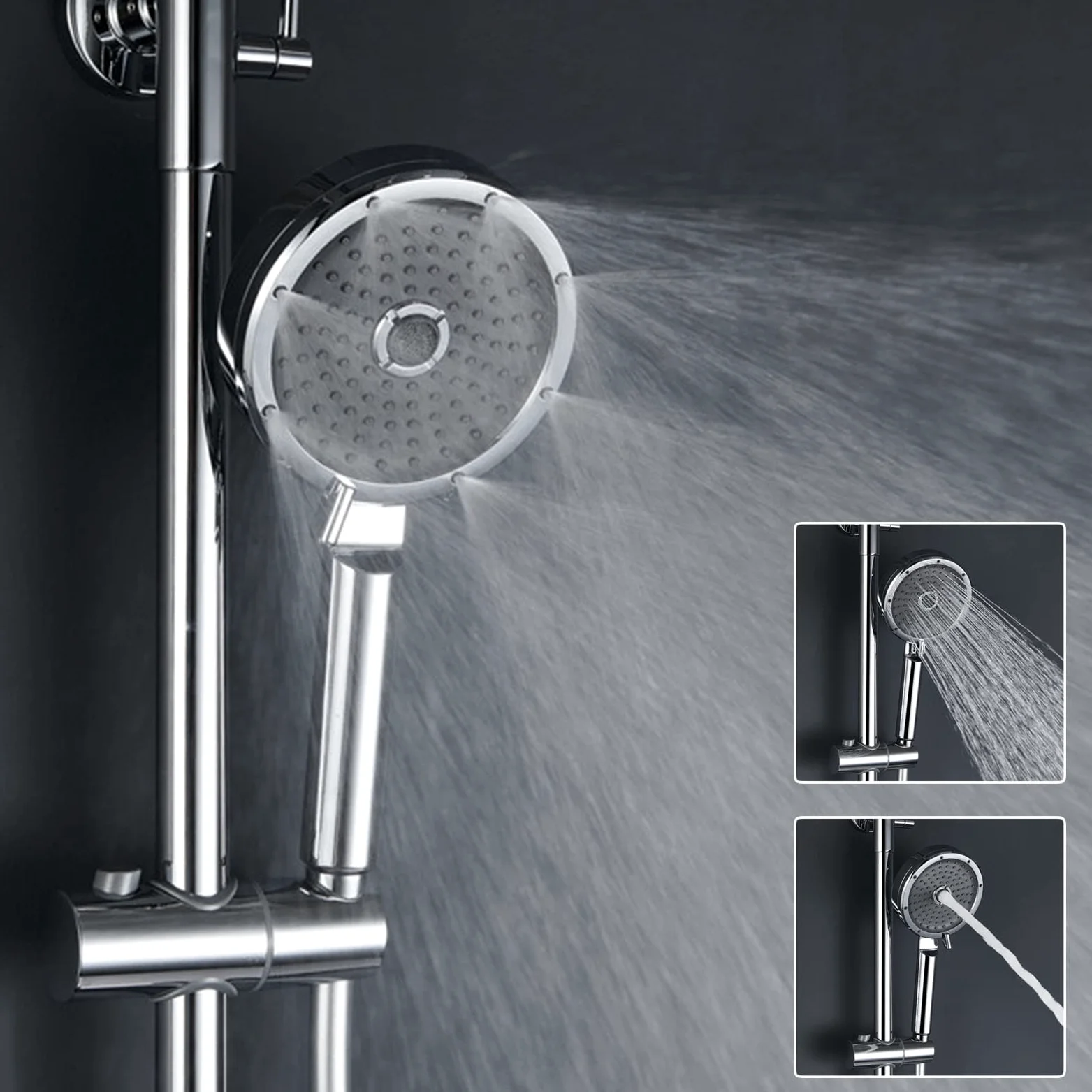 Set Rubinetto Doccia termostatico Cromato, Moderno Sistema a 4 funzioni, soffione a Pioggia con doccetta, Bocca per Vasca, doccetta per Bidet, Montaggio a Parete
