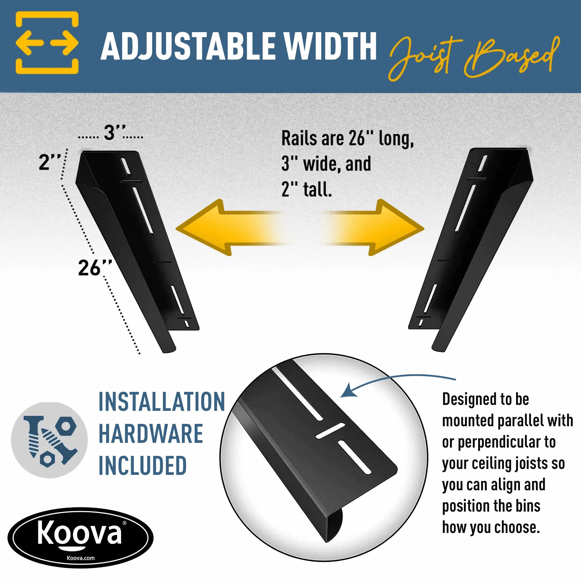 Koova Rack portaoggetti per garage per bidoni, guide con telaio, ganci da soffitto in acciaio resistente