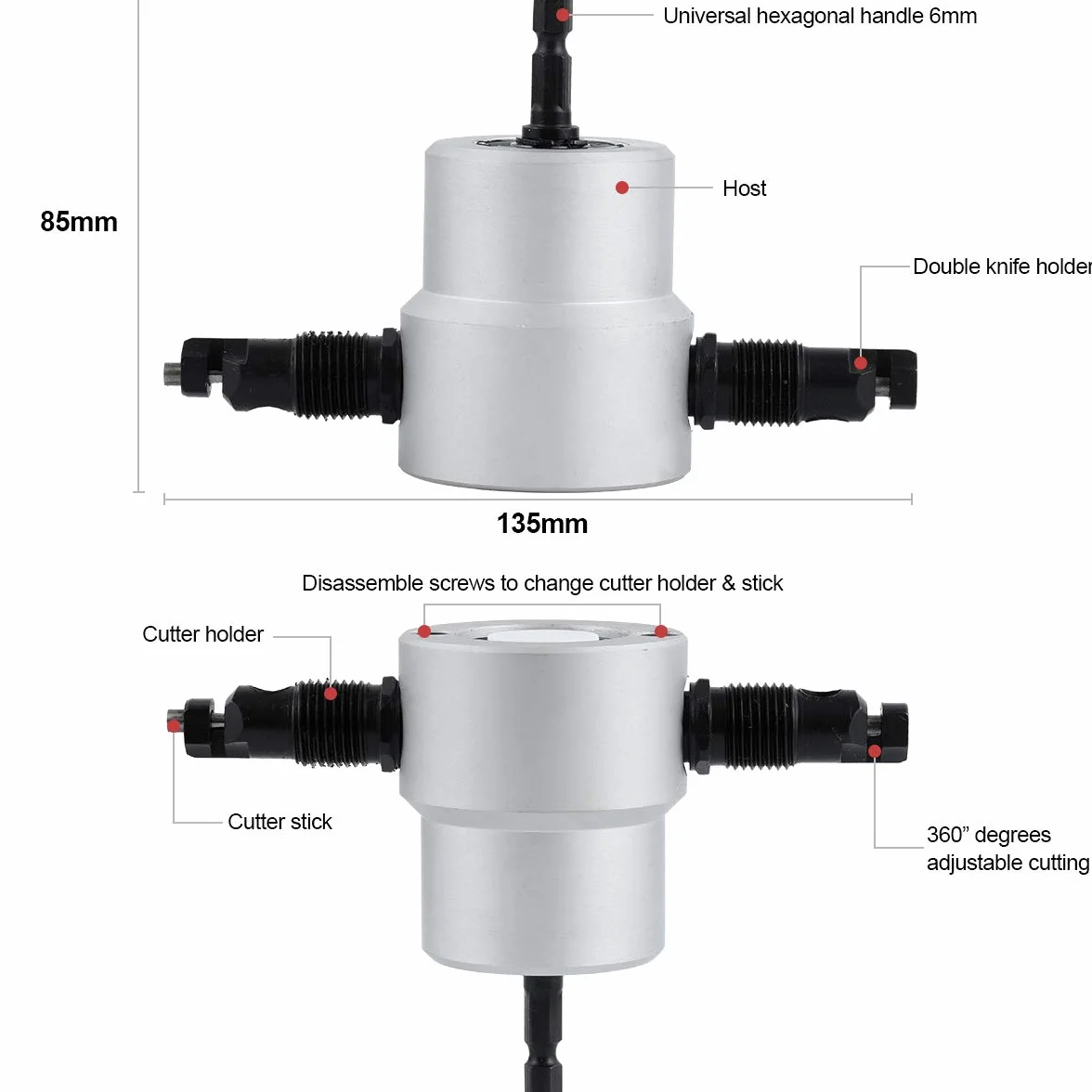 Roditore a Doppia Testa in Lamiera Regolabile 360° per Trapano Elettrico o Pneumatico 1500-3000 Giri/Min