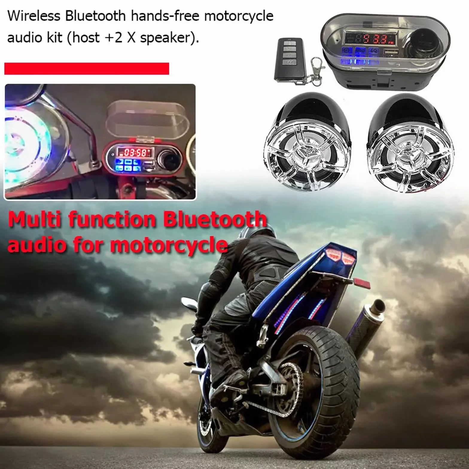 Kit Lettore Radio Bluetooth per Moto Altoparlante Stereo Audio Impermeabile Ricarica per Telefono Cellulare Allarme Antifurto Telecomando