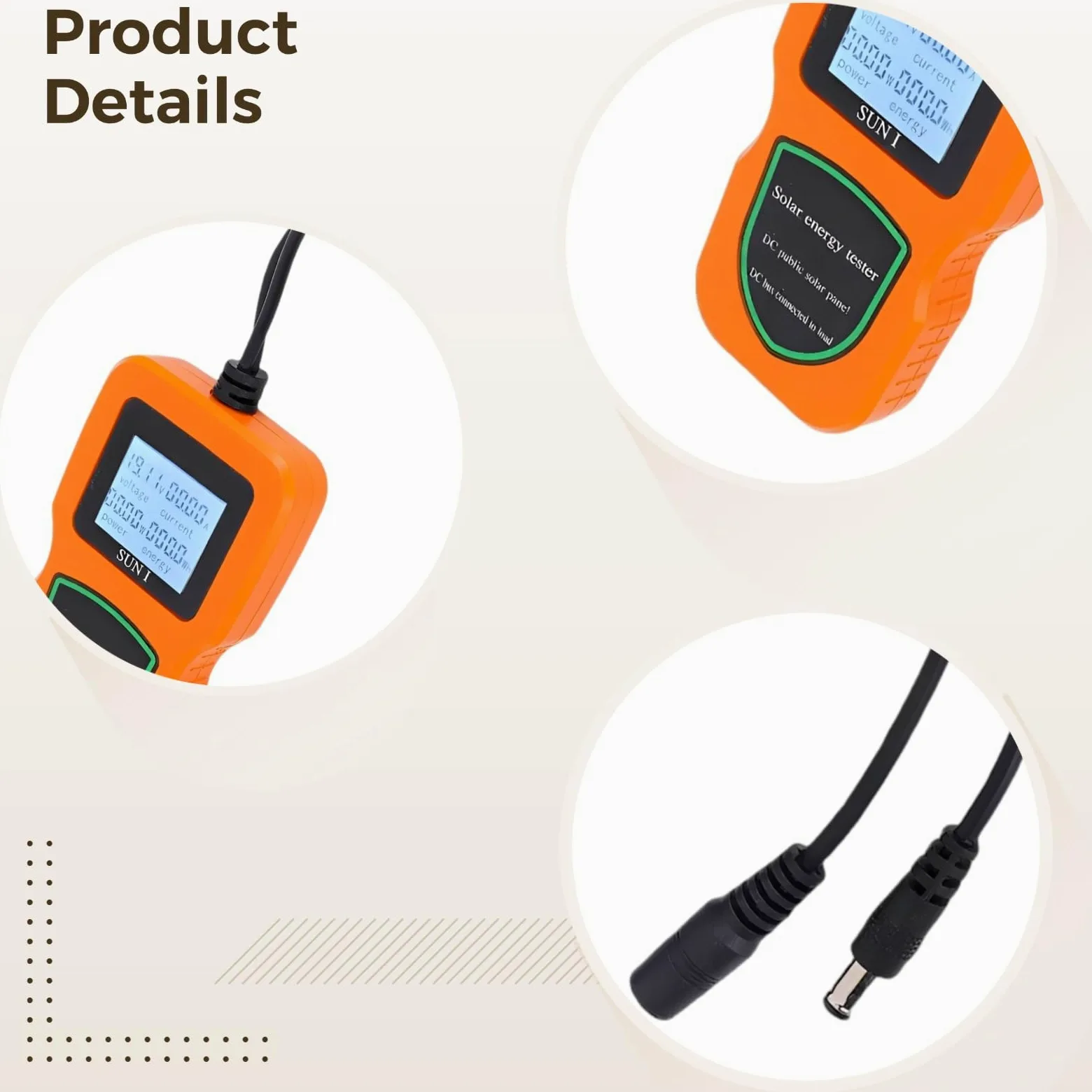 Tester per pannelli solari, 500 W, multimetro fotovoltaico LCD arancione, ampio raggio 5 W-500 W, display corrente di tensione, retroilluminazione, include clip di alimentazione, per analisi