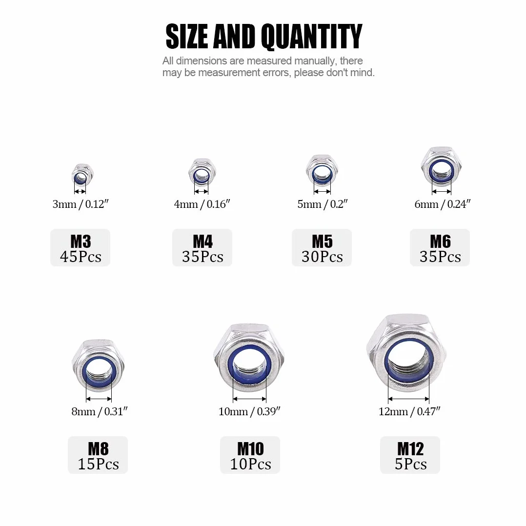 Glarks 175PCS metrica in acciaio INOX 304 dado di bloccaggio in nylon kit assortimento M3 M4 M5 M6 M8 M10 M12