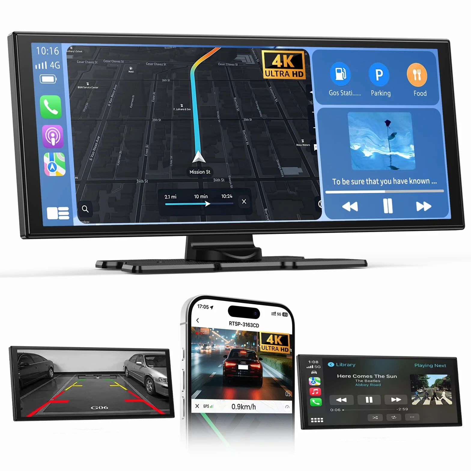 Alpinetech 10,26 Pollici Autoradio Portatile con Wireless Carplay Android Auto Touchscreen Monitor Anteriore Dashcam 4K e Telecamera Posteriore 1080P Bluetooth GPS Siri Mirror Link AUX FM 64G TF 7V-32
