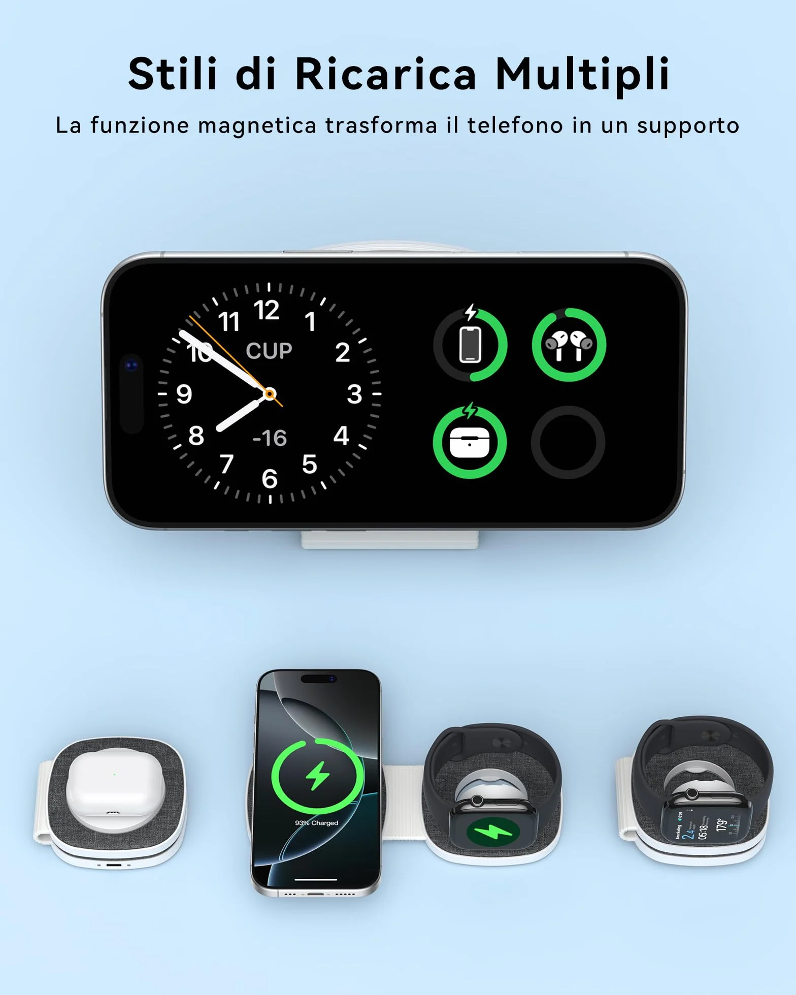 2 in 1 Caricatore Wireless per MagSafe Stazione Ricarica Pieghevole per iPhone 17, Air, 16, 15, 14, 13, 12 Series, per Apple Watch 11 10 9 8 7 6 5 4 3 2 SE/Ultra, per AirPods Magnetico