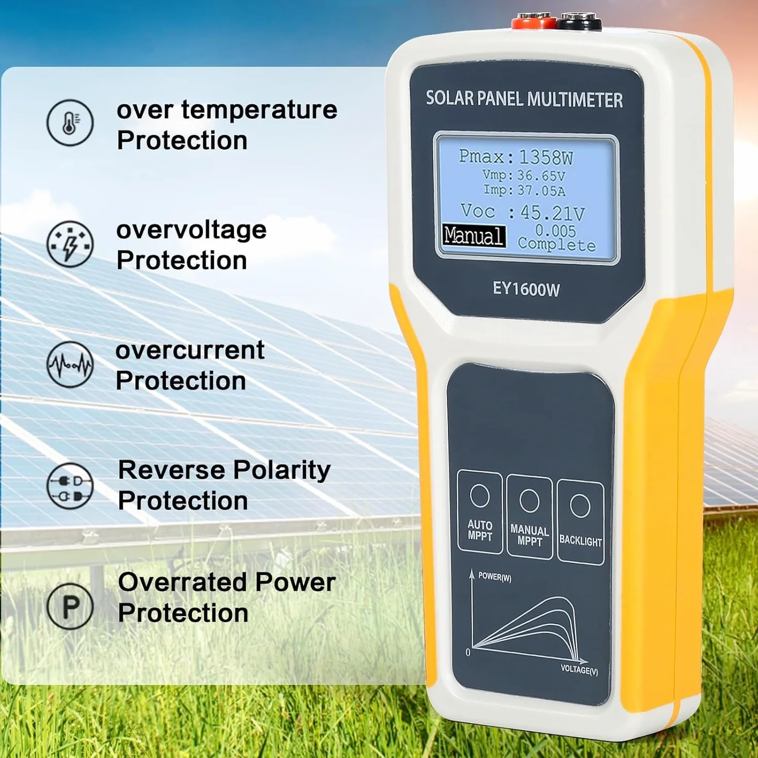 TsoLay Tester per Pannelli solari, multimetro per Pannelli fotovoltaici da 1600 W con Display LCD Ultra Chiaro, rilevamento Automatico MPPT, per guasto di Tensione a Circuito Aperto
