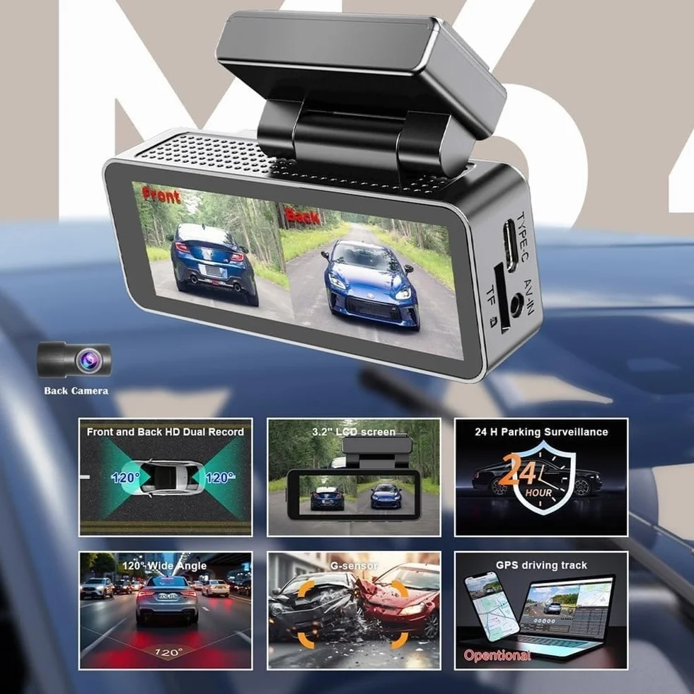 Osmo Dashcam Pro, Dashcam Wireless Per Auto, Anteriore E Posteriore Con Scheda Da 64 GB E Controllo Wi-Fi/app, Telecamera Per La Retromarcia, Registrazione In Loop, Monitoraggio