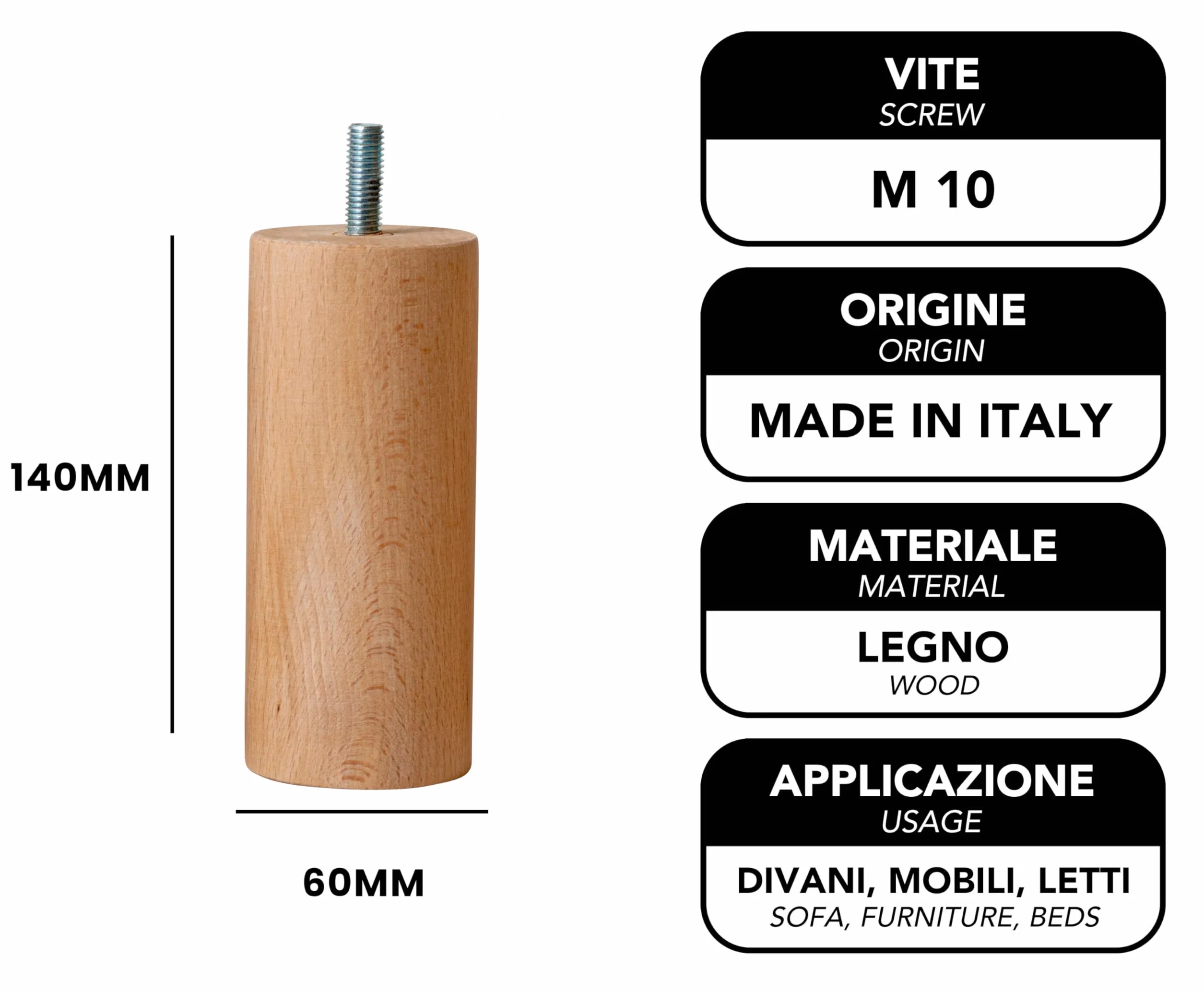 IPEA Piedini in Legno per Mobili e Divani Altezza 140 mm Set di 4 Vite M10