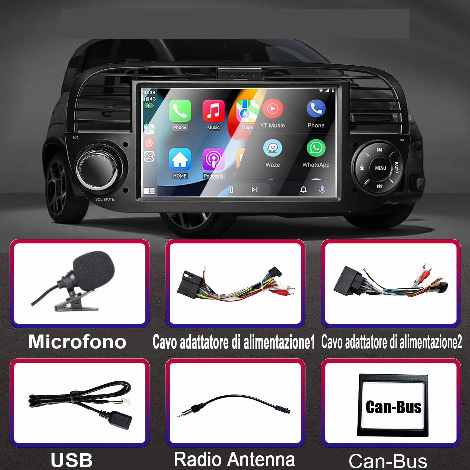 Autoradio per Fiat 500 2007-2015 compatibile con Carplay/Android Auto, Autoradio Fiat 500 da 7 pollici con touchscreen/Bluetooth/FM/AM/USB/DPS/RDS/Mirror Link-Nero