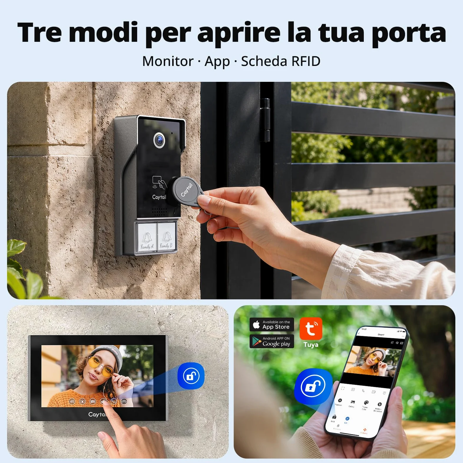 Kit Videocitofono 2 Fili WiFi6 Dual Band 2 Famiglie, Schermo Touch 7" IPS, Telecamera 1080P Visione Notturna, Audio Bidirezionale, Sblocco Remoto, RFID, Rilevamento Umano
