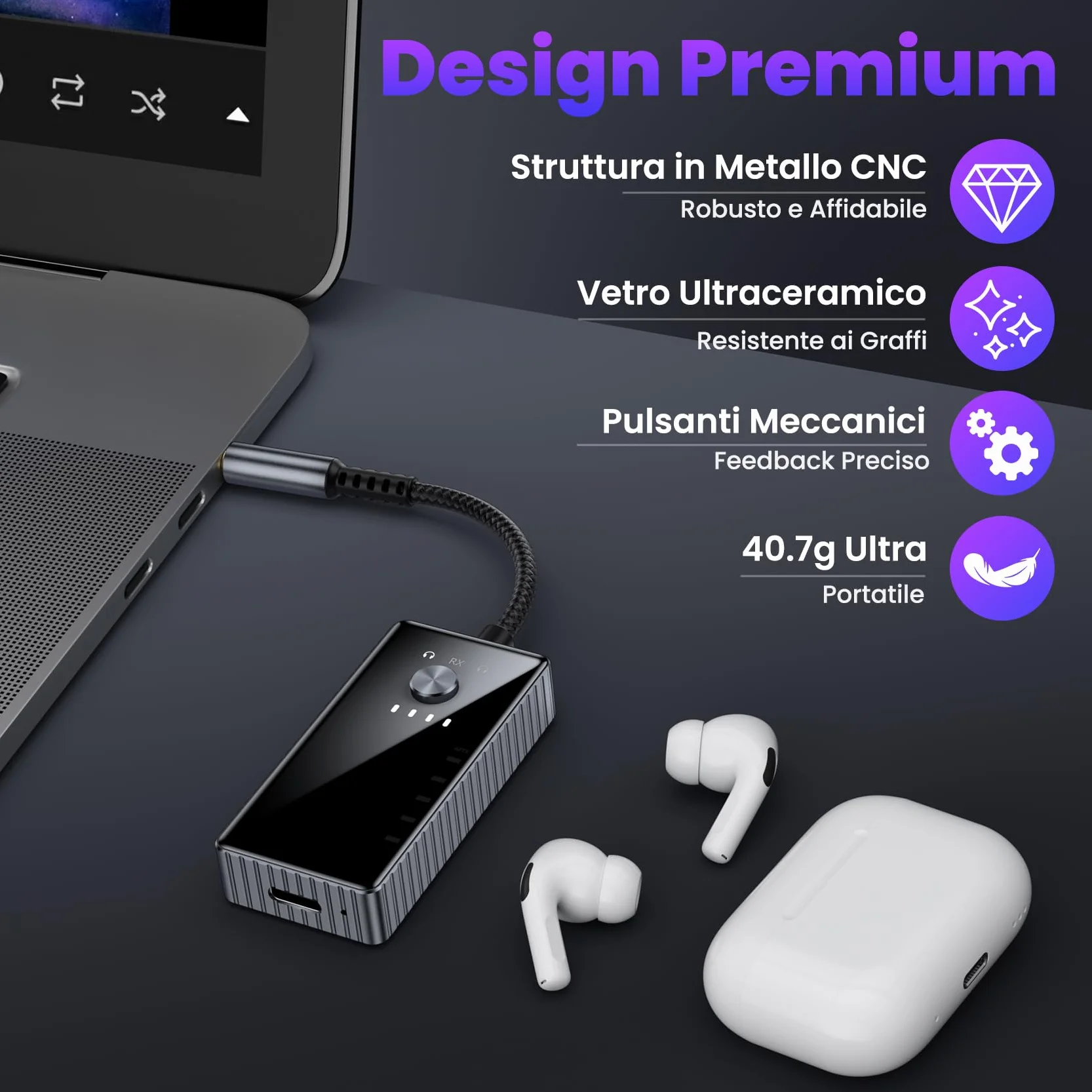 Trasmettitore Ricevitore Bluetooth per TV, 2 in 1 Adattatore Bluetooth 5.2 Supporta 2 Cuffie con AptX, Audio Jack da 3.5 mm per Aereo/Auto/Amplificatore/Palestra