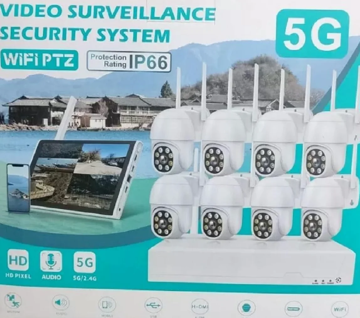 Kit Videosorveglianza Combo 8 telecamere PTZ WiFi Esterno, 8CH 5MP IP66 PTZ HD + NVR + Audio, con tecnologia 5G/2.4G, Telecamera Wi-Fi,Visione Notturna a Colori,Rilevamento Umano,Sirena Remoto Vista