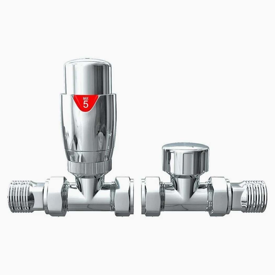 Set di valvole termostatiche per termosifone, dritte TRV con detentore e testa ruota, finitura cromata, struttura in ottone, protezione antigelo, facile da montare per tubi a parete
