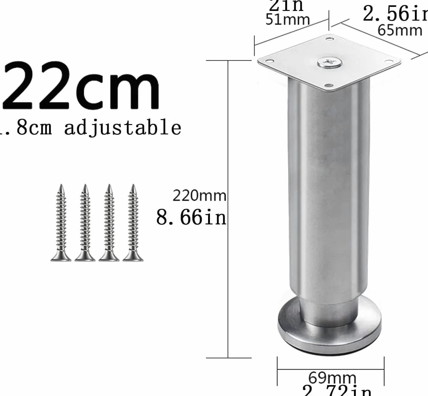 Feng Shui， Gambe per mobili Set di 4 Gambe per mobili, Piedini per Tavolo Regolabili in Acciaio Inossidabile, Gamba di Supporto per Divano di Ricambio per carichi Pesanti, per Supporto TV Letto Piano
