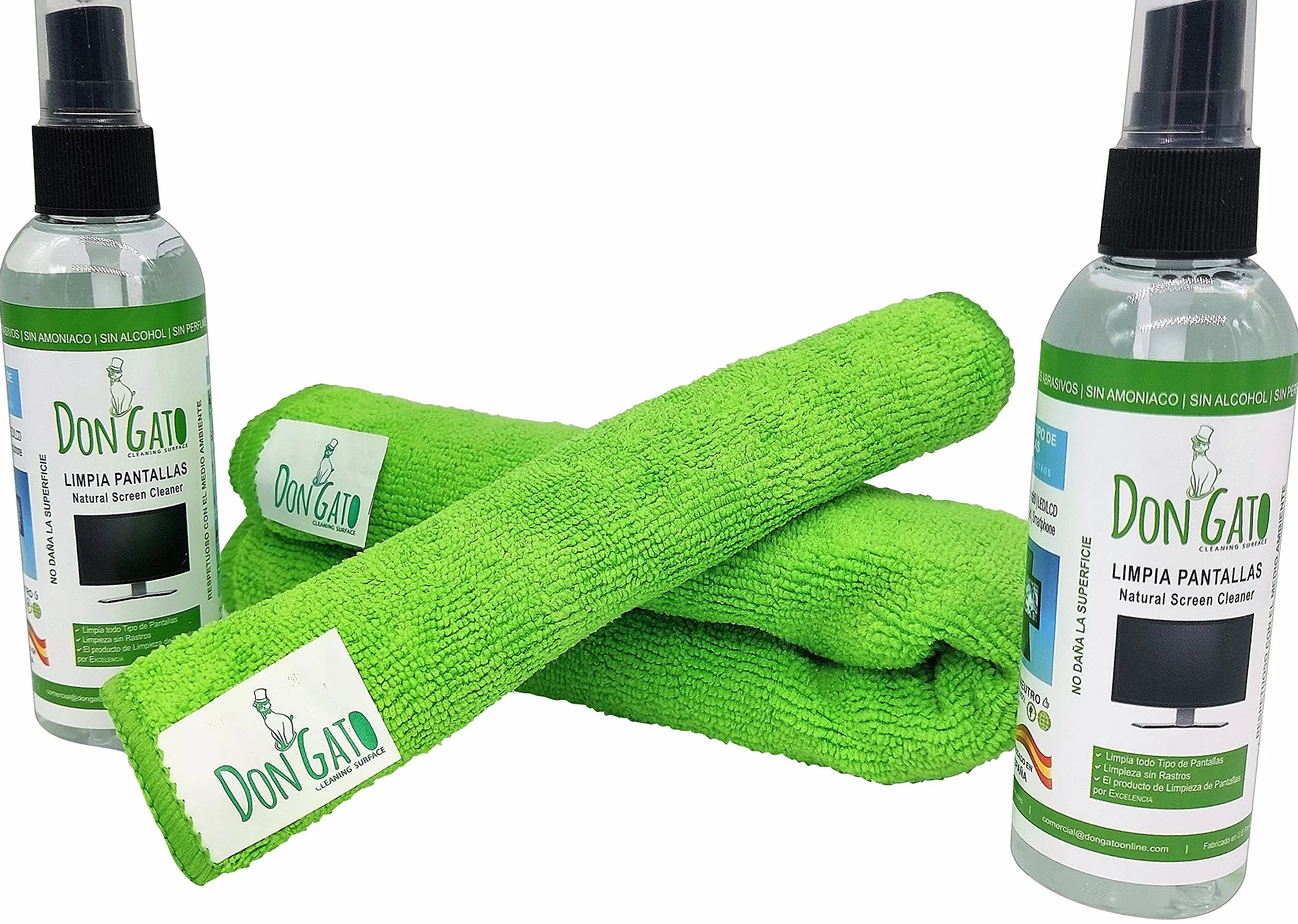 Don Gato – pulizia dello schermo (100ml x 2) + 2 panno in microfibra per TV, Tablet, Computer portatile, LCD, LED, telefono cellulare. Prodotti naturali e rispettoso dell'ambiente.