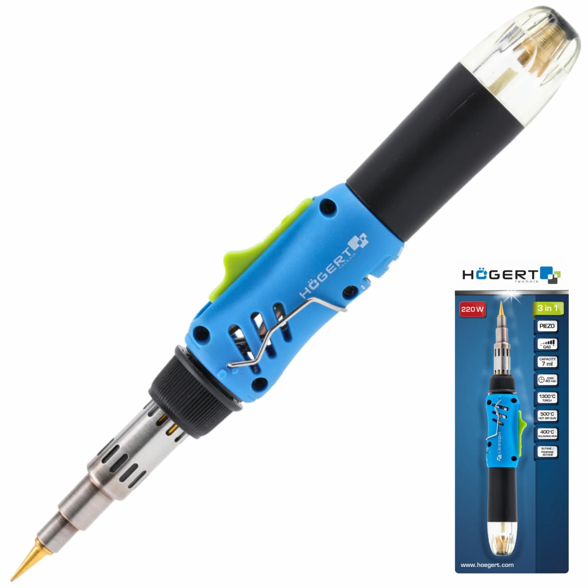 HÖGERT TECHNIK Saldatore a gas 3 in 1 220 W accensione piezoelettrica 400 °C 1300 °C 550 °C butano propano compatto ergonomico 40 minuti