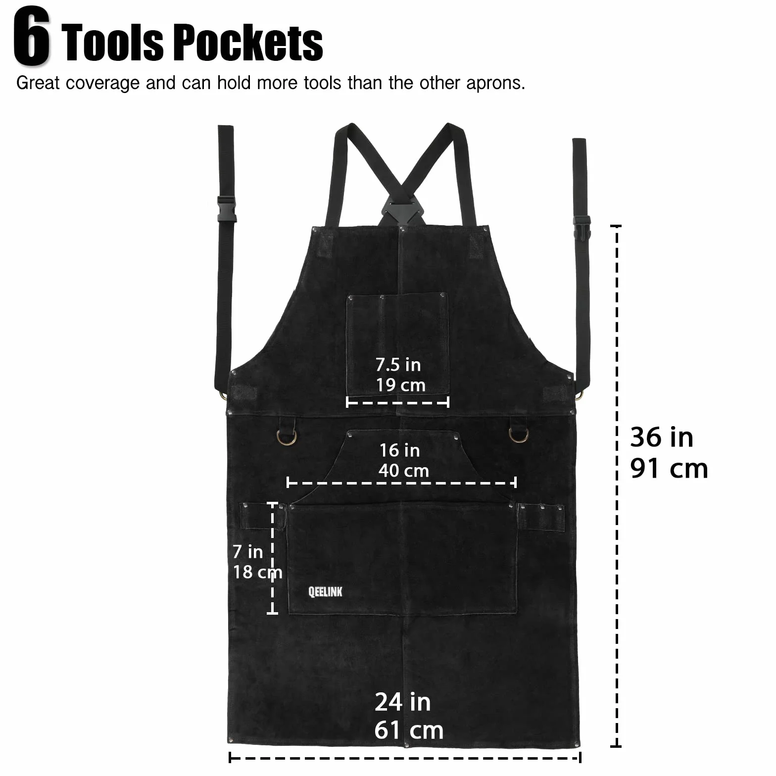 QeeLink Grembiule Saldatore in Pelle con 6 Tasche, Grembiule da Lavoro Resistente al Calore e Alle Fiamme, Regolabile da M a XXXL