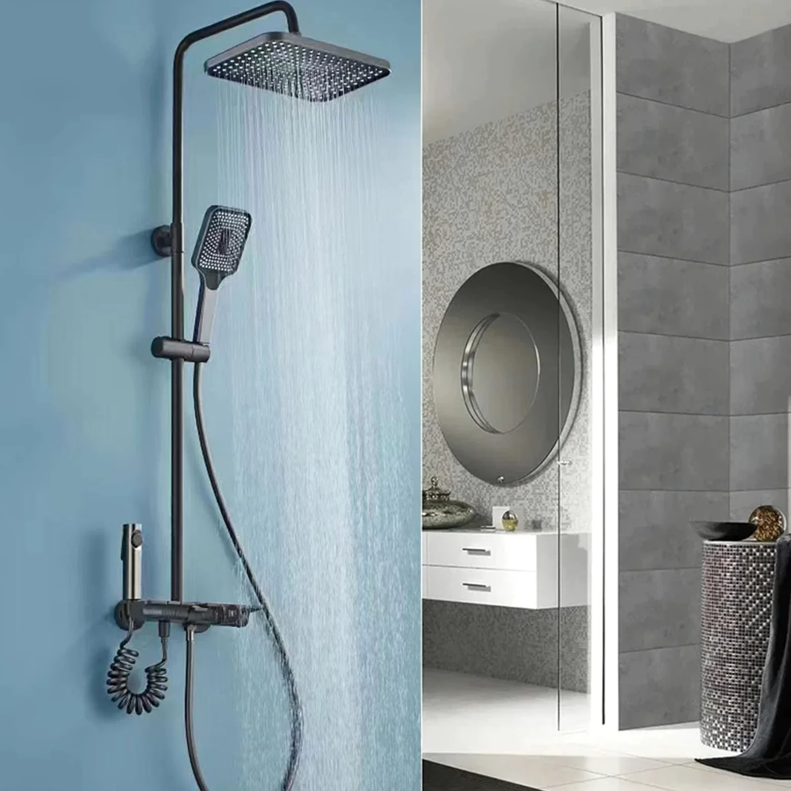 Set Rubinetto Doccia con Display Digitale, Set di Tasti per Pianoforte a 4 funzioni, doccetta a Pioggia, beccuccio per Vasca da Bagno con Bidet, Vasca da Bagno Grigia