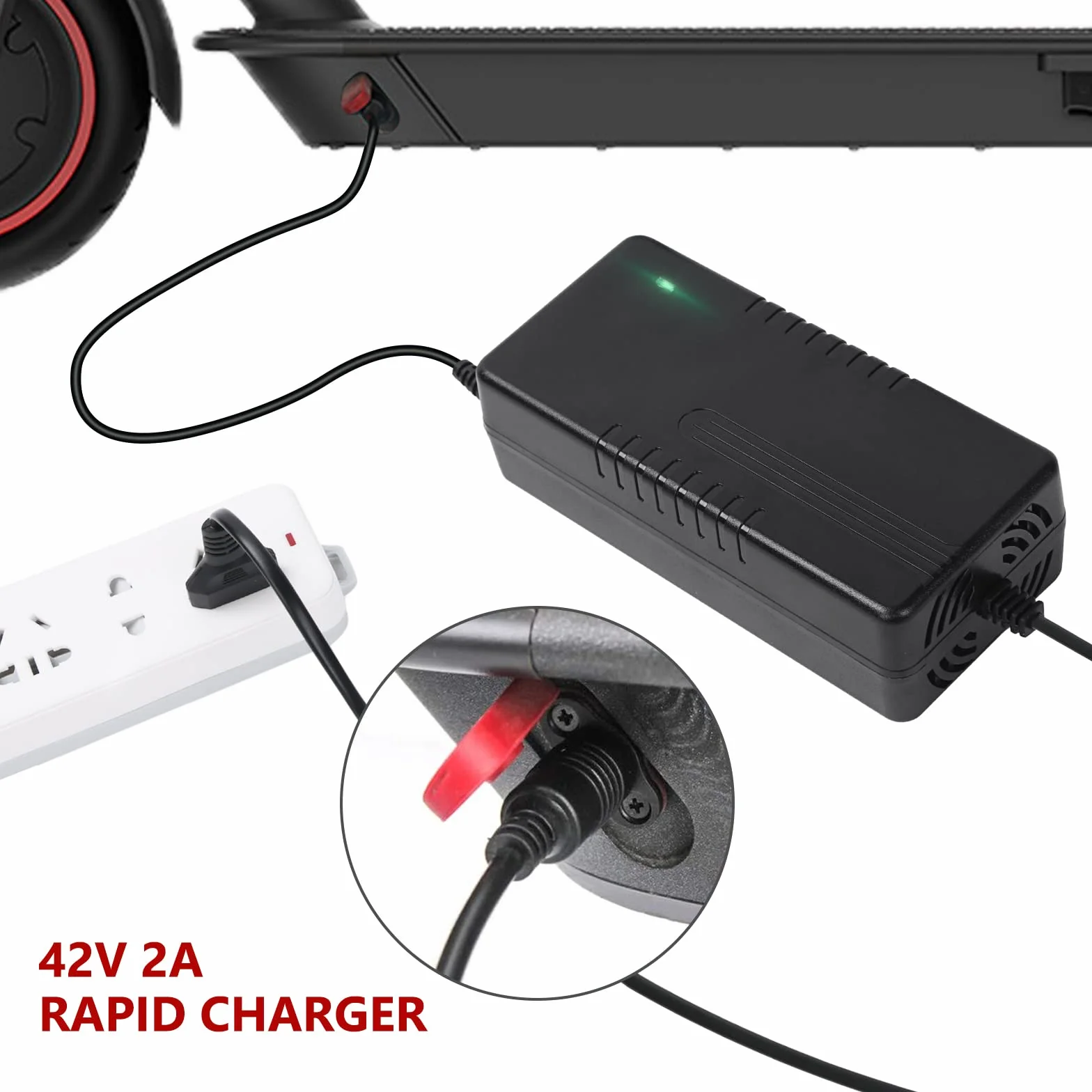 Caricatore Monopattino Elettrico, 42V 2A Adattatore di Alimentazione Caricabatteria Universale con connettore RCA (8 mm), Caricabatteria per Batteria al Litio da 36 V per Xiaomi