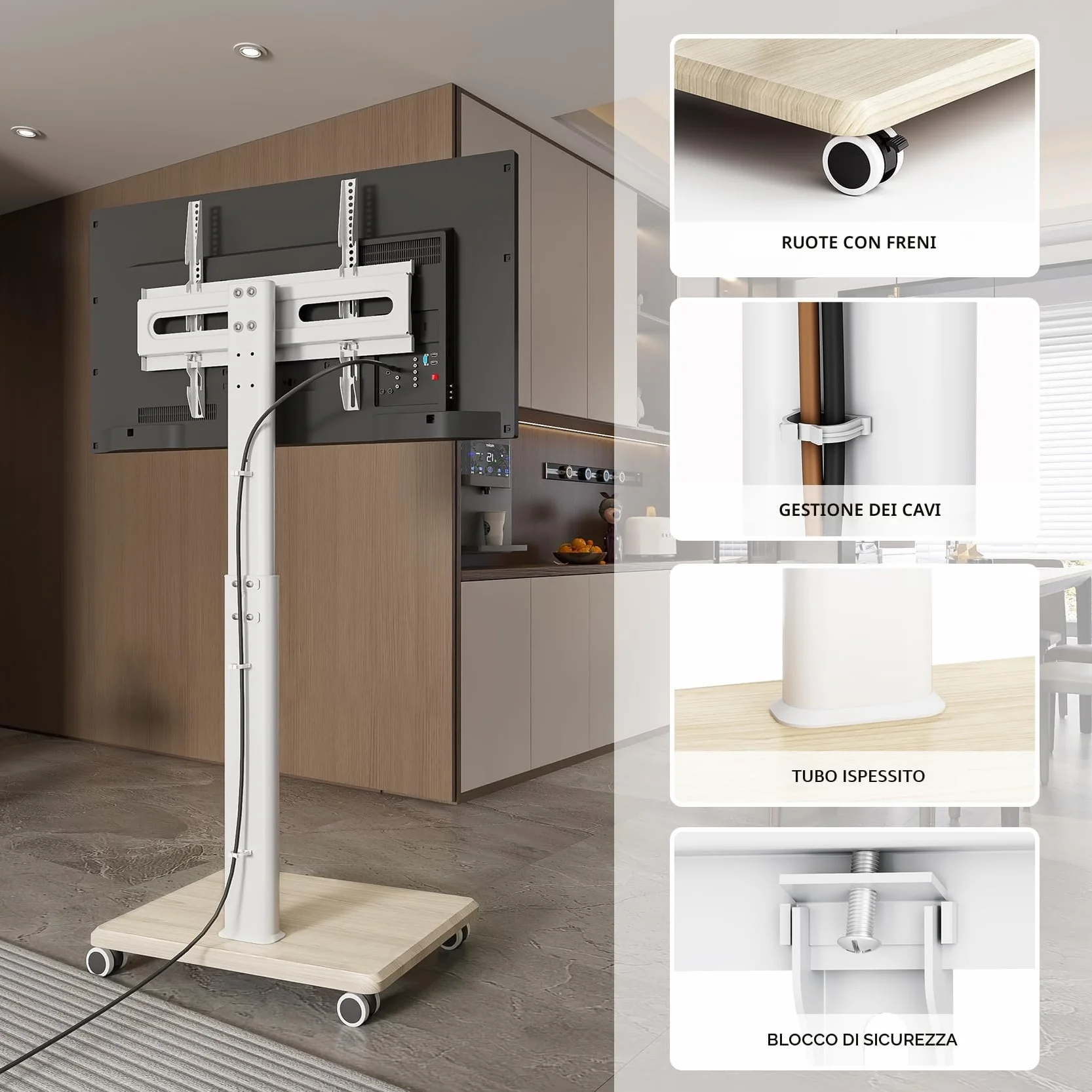 Supporto TV mobile per TV da 27 a 65 pollici, carrello TV portatile con ruote, grande supporto universale con supporto girevole, altezza regolabile per angolo camera da letto, esterno.