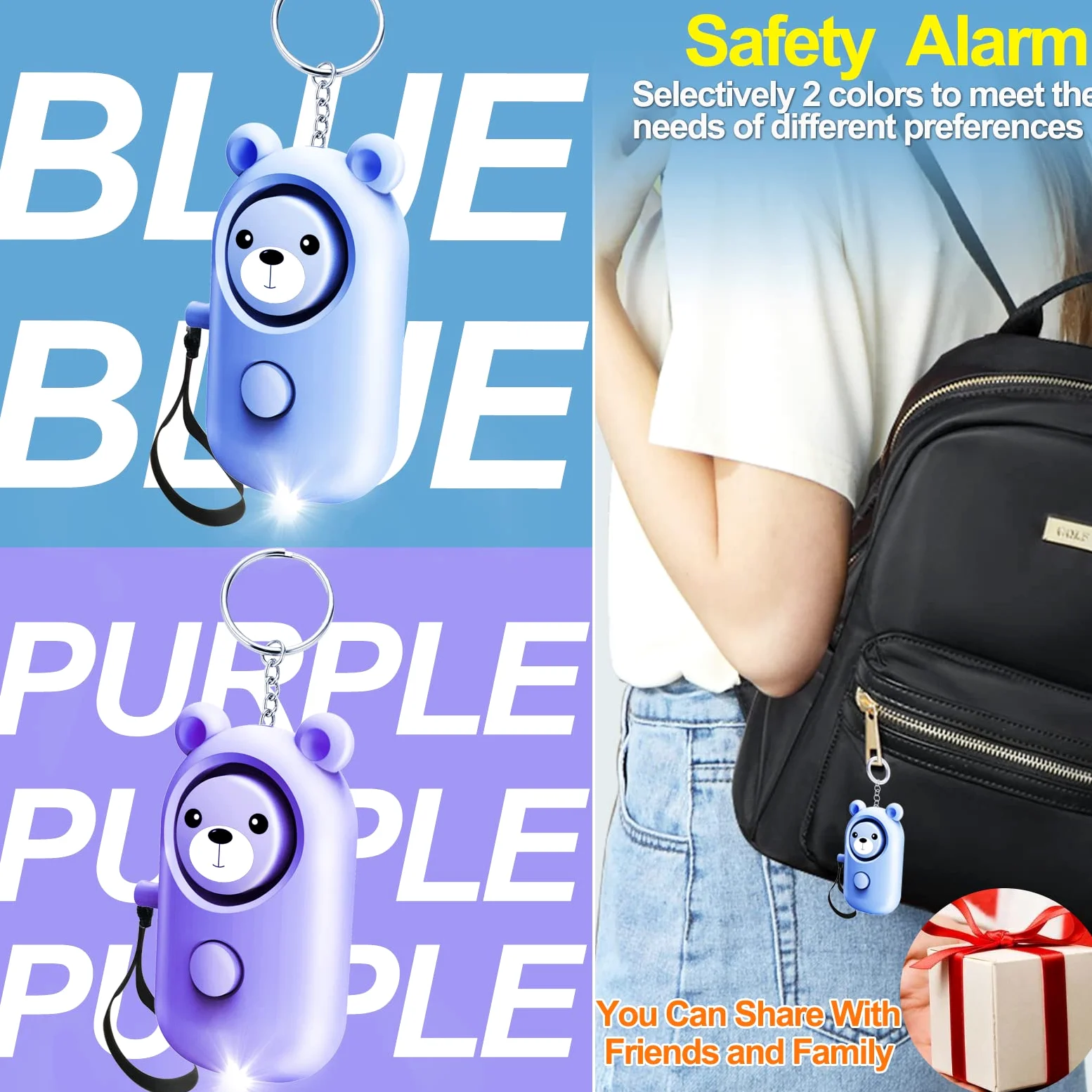 Allarme personale sicuro suono per donne bambini anziani, confezione da 2 simpatici 130dB sirena forte di sicurezza autodifesa con luce LED, portachiavi di sicurezza allarme di emergenza da solo