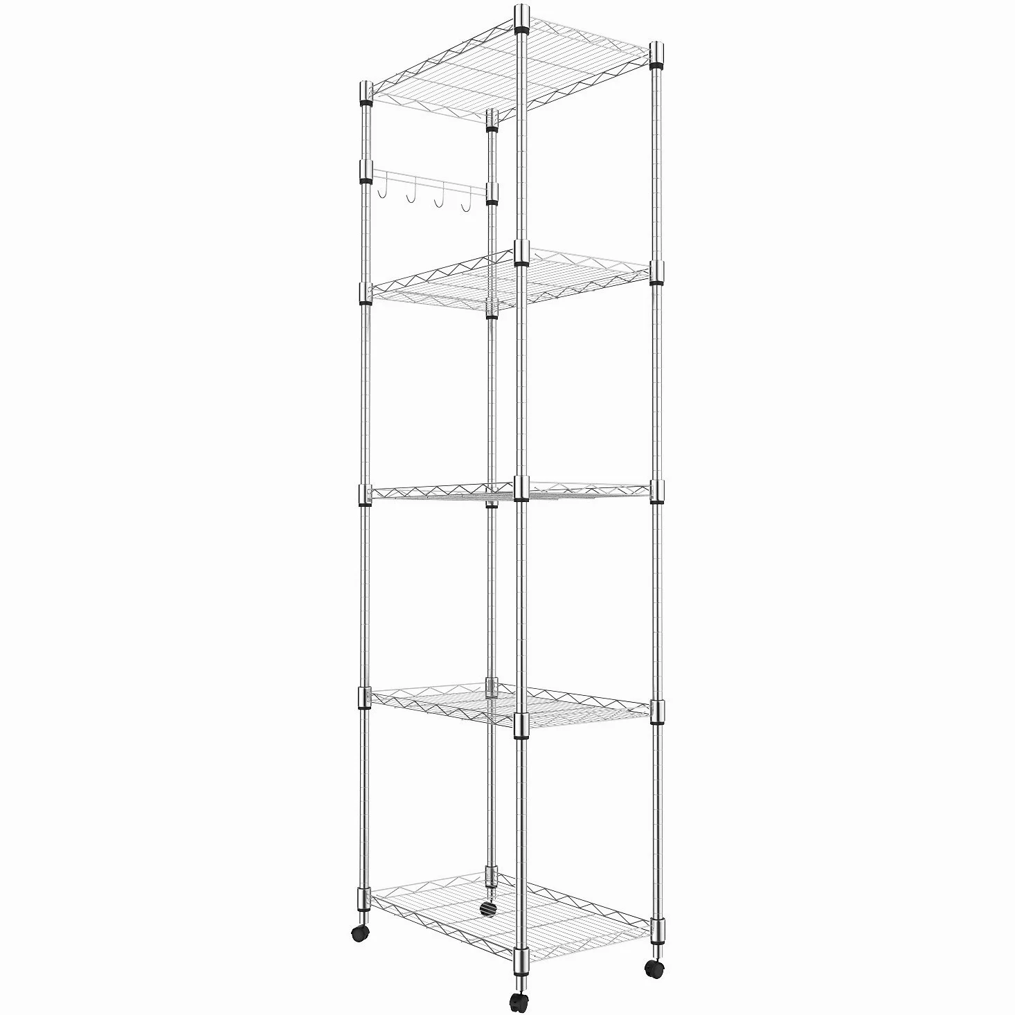 Scaffale a 5 ripiani in filo metallico cromato regolabile su ruote, resistente, 50 x 35 x 182 cm, per cucina, garage, ufficio e casa