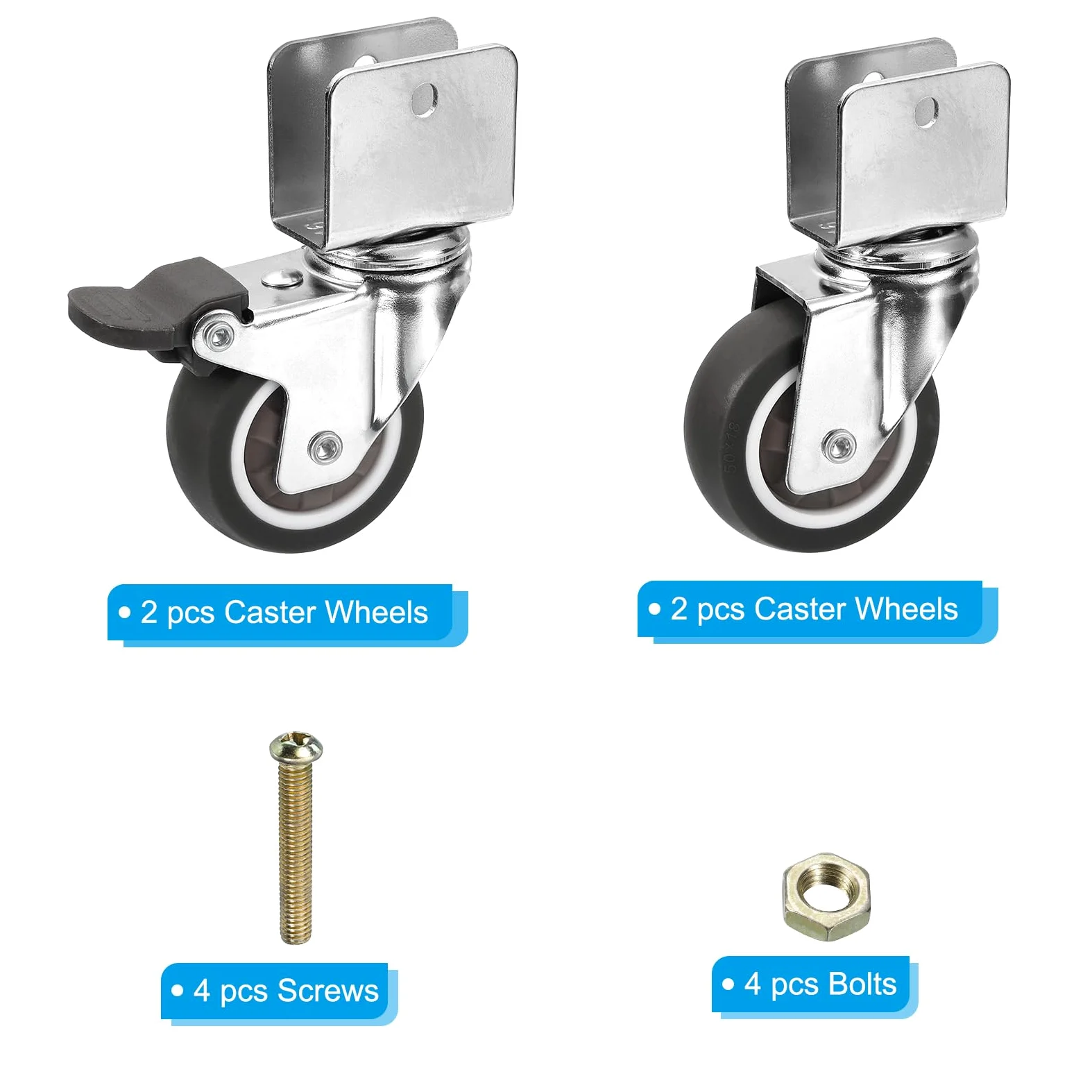 1.5" Ruote girevoli con 1" U Staffa, 4 Set Muto Spostamento Girevole Ruota Totale Carico 165lbs per Armadio Mobili Table(2 con Freno, 2 Senza)