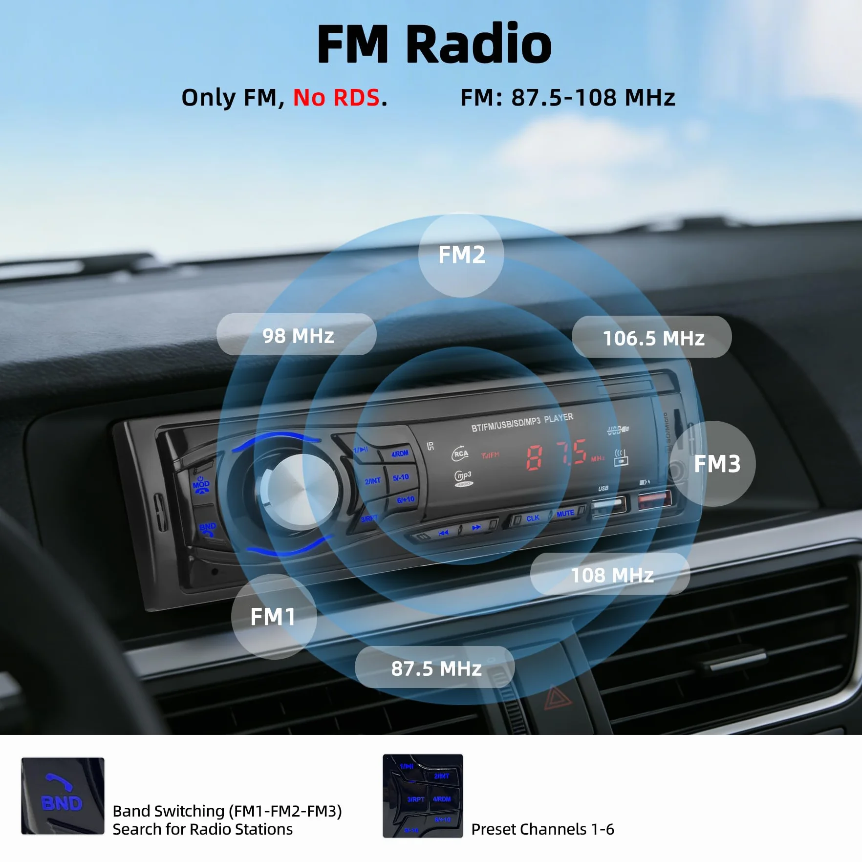 Autoradio Bluetooth 1 DIN - Stereo Auto con 2 Porte USB, Vivavoce Bluetooth, Radio FM, Supporto MP3 via USB/SD/AUX, Telecomando Incluso - Autoradio per auto 12V (nero)