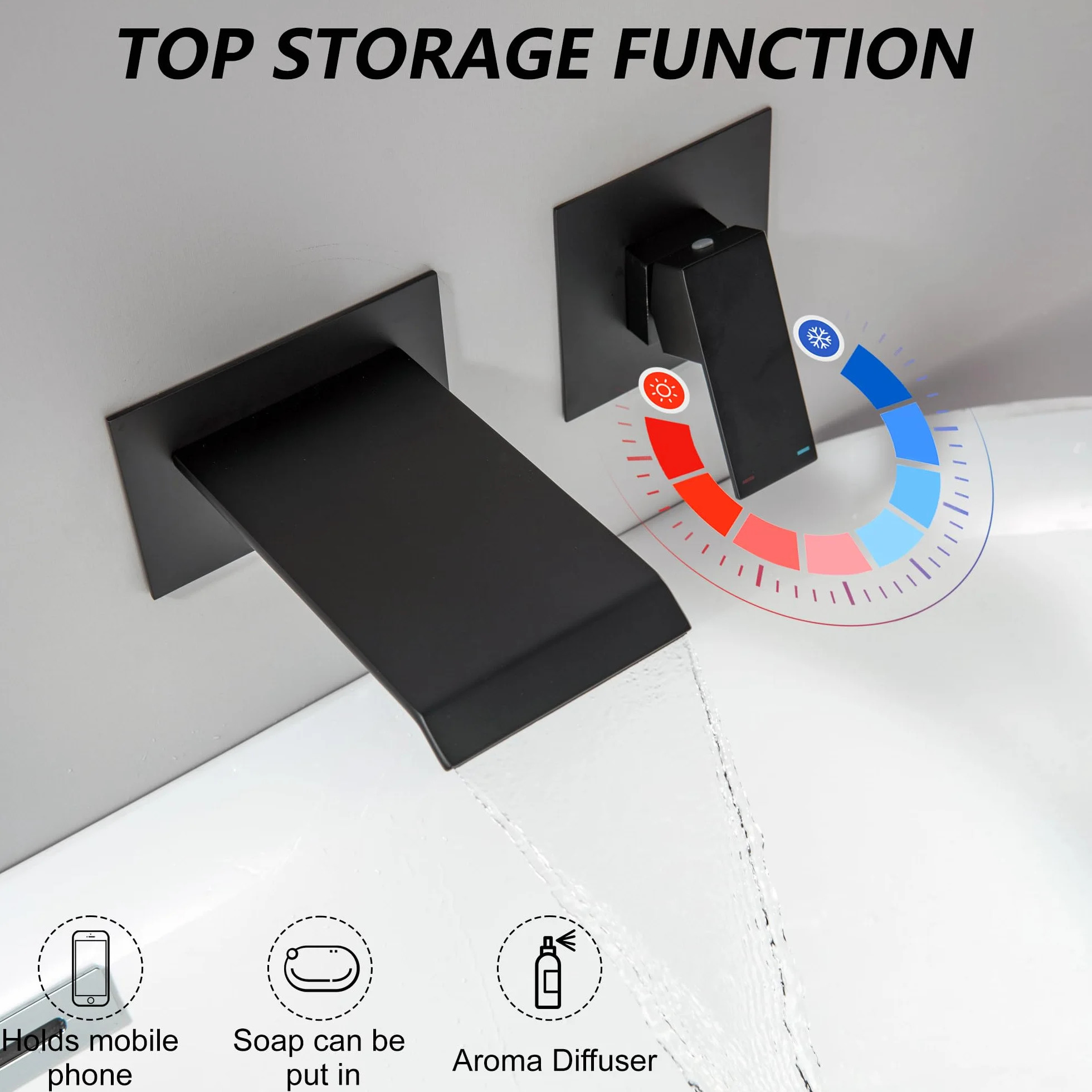 Rubinetto da bagno a parete con bocca a cascata in ottone nero opaco, riempitore da bagno a muro