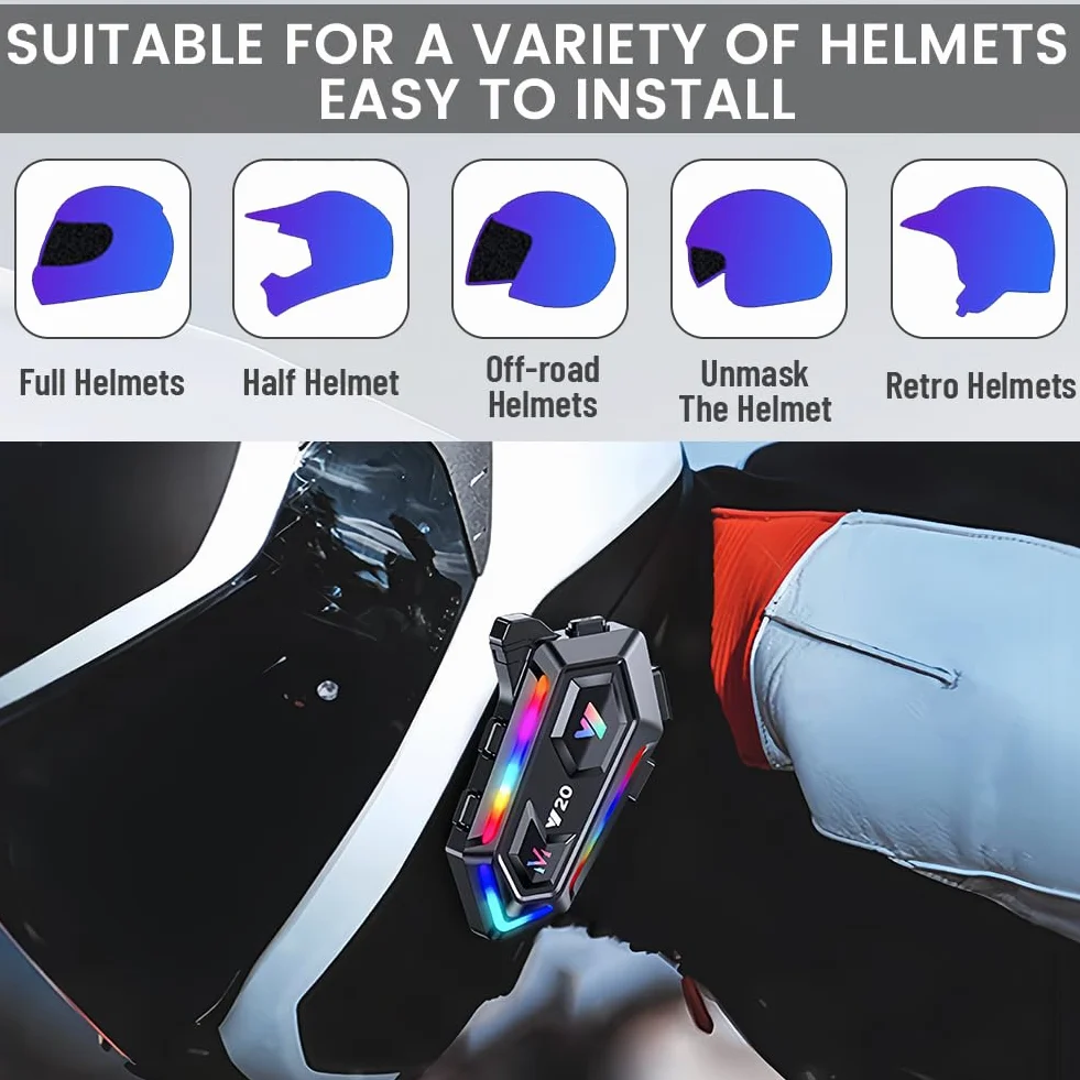 flintronic Casco Moto Auricolare, Y20 Cuffie per Caschi da Moto per Persona Singola Wireless 5.3 Impermeabile IPX6 Cancellazione, luci RGB abbaglianti, Per Pilota Singolo
