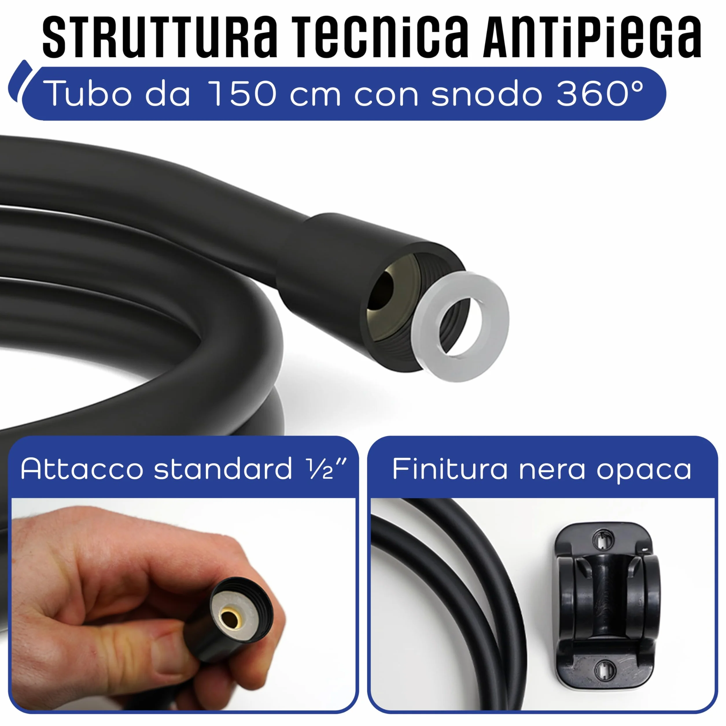 Flessibile Doccia 150 cm Universale in PVC – Tubo Doccia Antipiega con Giunti Rinforzati e Kit Accessori – Installazione Facile e Compatibile con Tutti i Doccini Standard