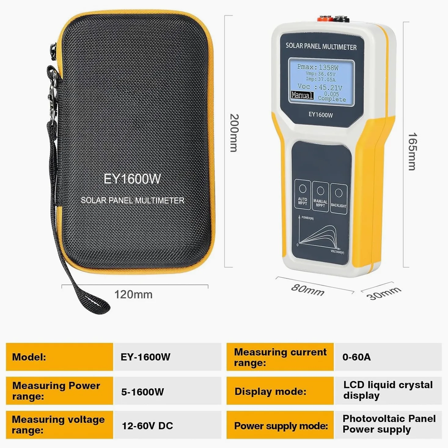 TsoLay Tester per Pannelli solari, multimetro per Pannelli fotovoltaici da 1600 W con Display LCD Ultra Chiaro, rilevamento Automatico MPPT, per guasto di Tensione a Circuito Aperto