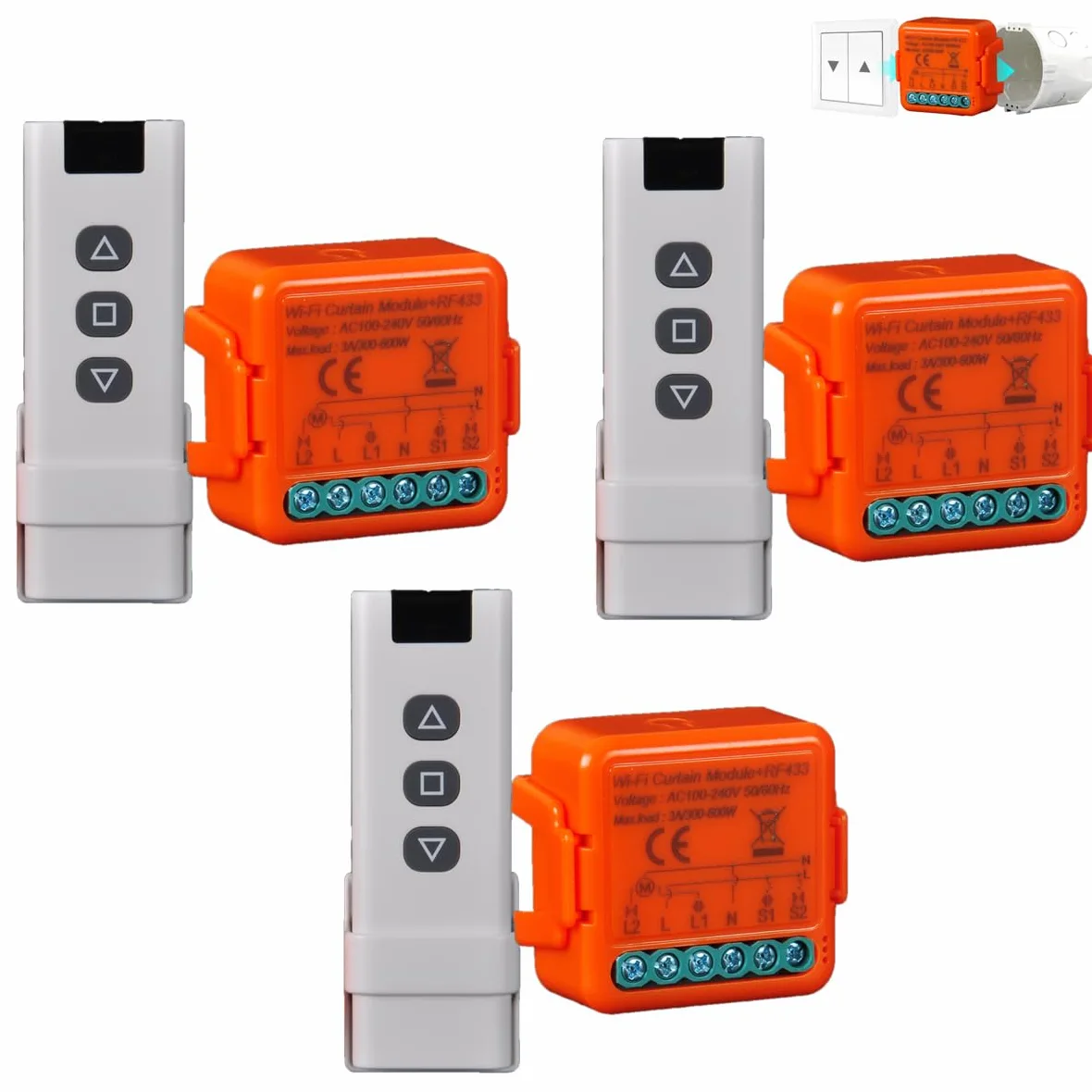 Interruttore Tapparelle WiFi RF, 3 Pezzi, con Telecomando RF 433MHz | Modulo per Tapparelle Elettriche, Compatibile con Alexa e Google Home, Relè Wireless per Persiane Avvolgibili, 300W