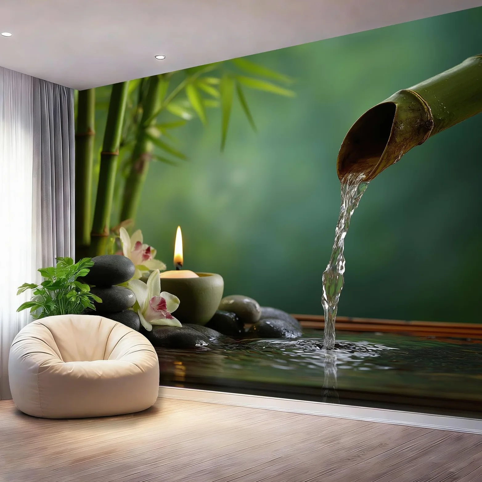 Panorama Carta da Parati Murale 350 x 256 cm, Stile Zen Foresta Di Bambù Orchidea Pietra Carta da Parati Fotografica Colorato Murale Adesivo da Parete Poster Effetto 3D Decorazione Soggiorno