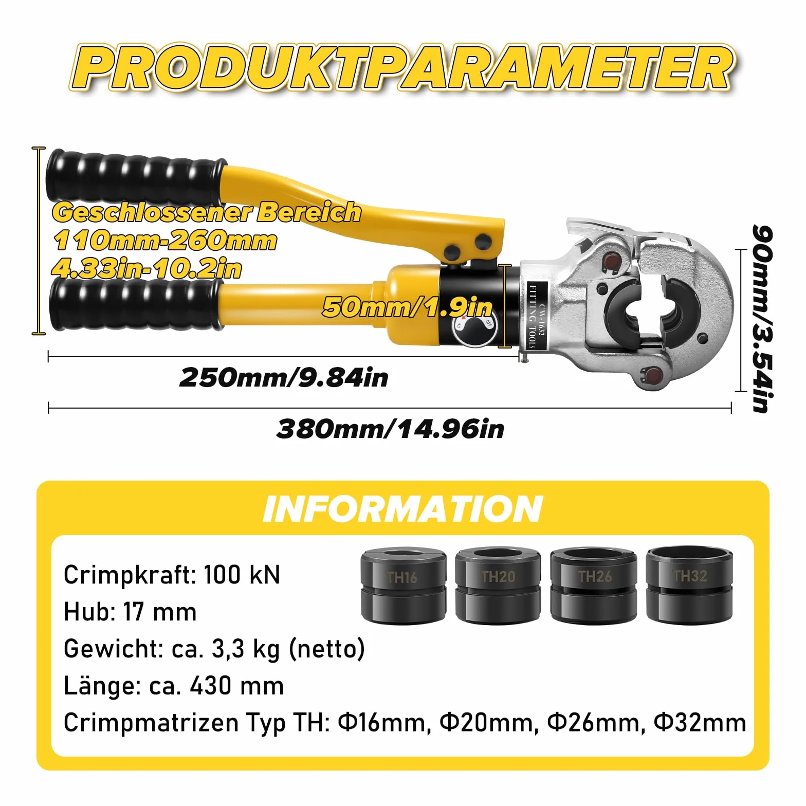 Pinza a pressa idraulica 16-32 mm tipo TH 10 T testa girevole 360° per tubi PEX PB rame