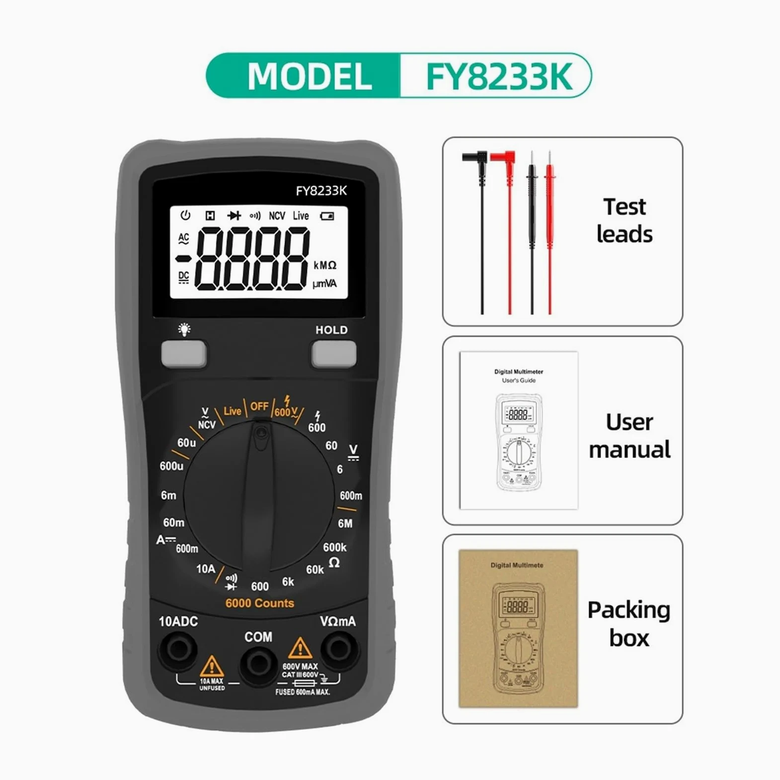 Multimetro digitale 6000 conta la capacità reale 20 A/2000 V CA/CC for elettricisti, uso solare fotovoltaico industriale | Digital Multimeter(FY8233K)