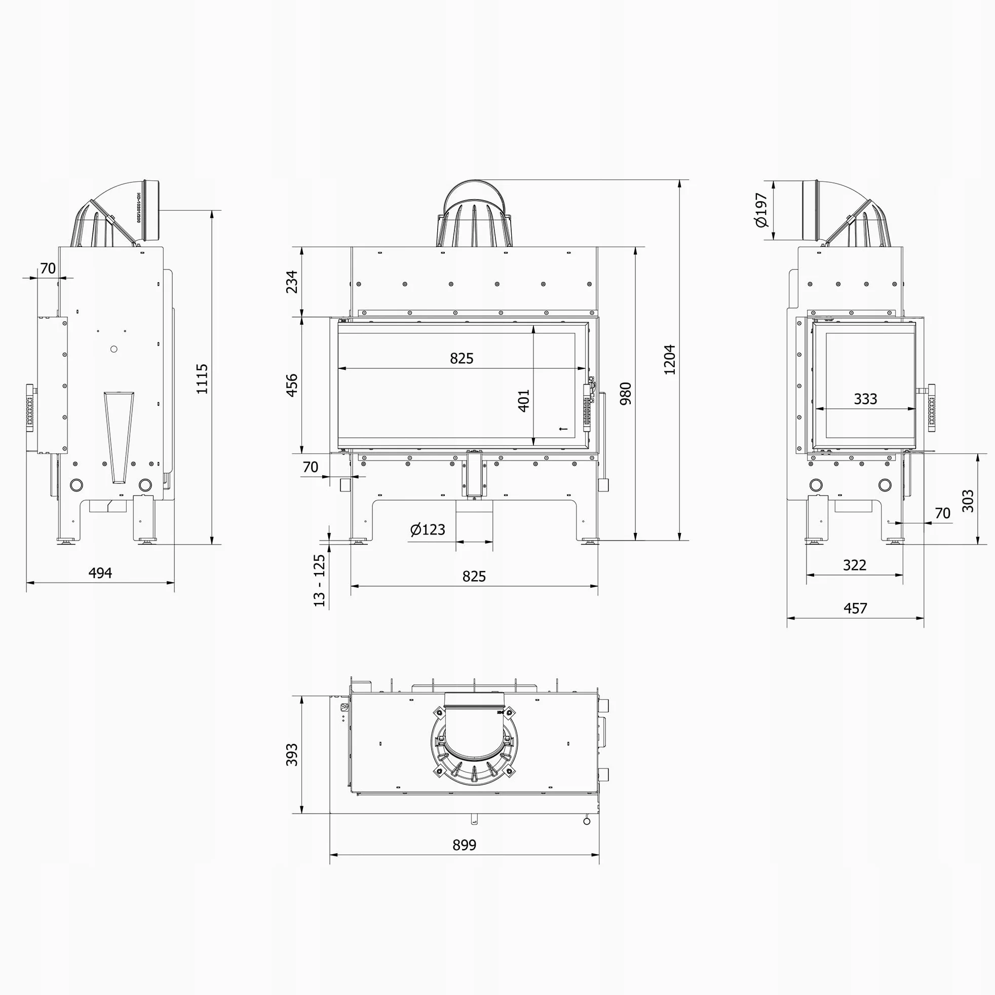 KRATKI Inserto per camino in acciaio a legna FLOKI 12 kW Ø200 sinistro A+ | Acciaio nero, efficienza 85,4%, classe A+. Ecodesign, BImSchV 2; per recupero calore.; combustione efficiente; Livello 2 Set