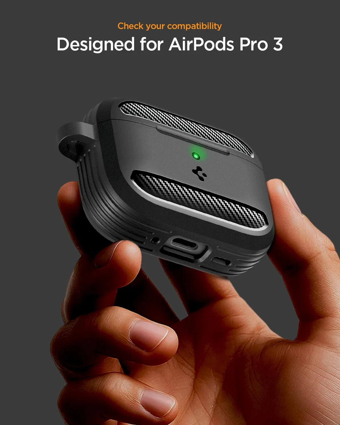 Spigen Cover Rugged Armor Compatible con AirPods Pro 3 (3a Generazione 2025) con Moschettone, Custodia AirPods Pro 3 - Nero Opaco