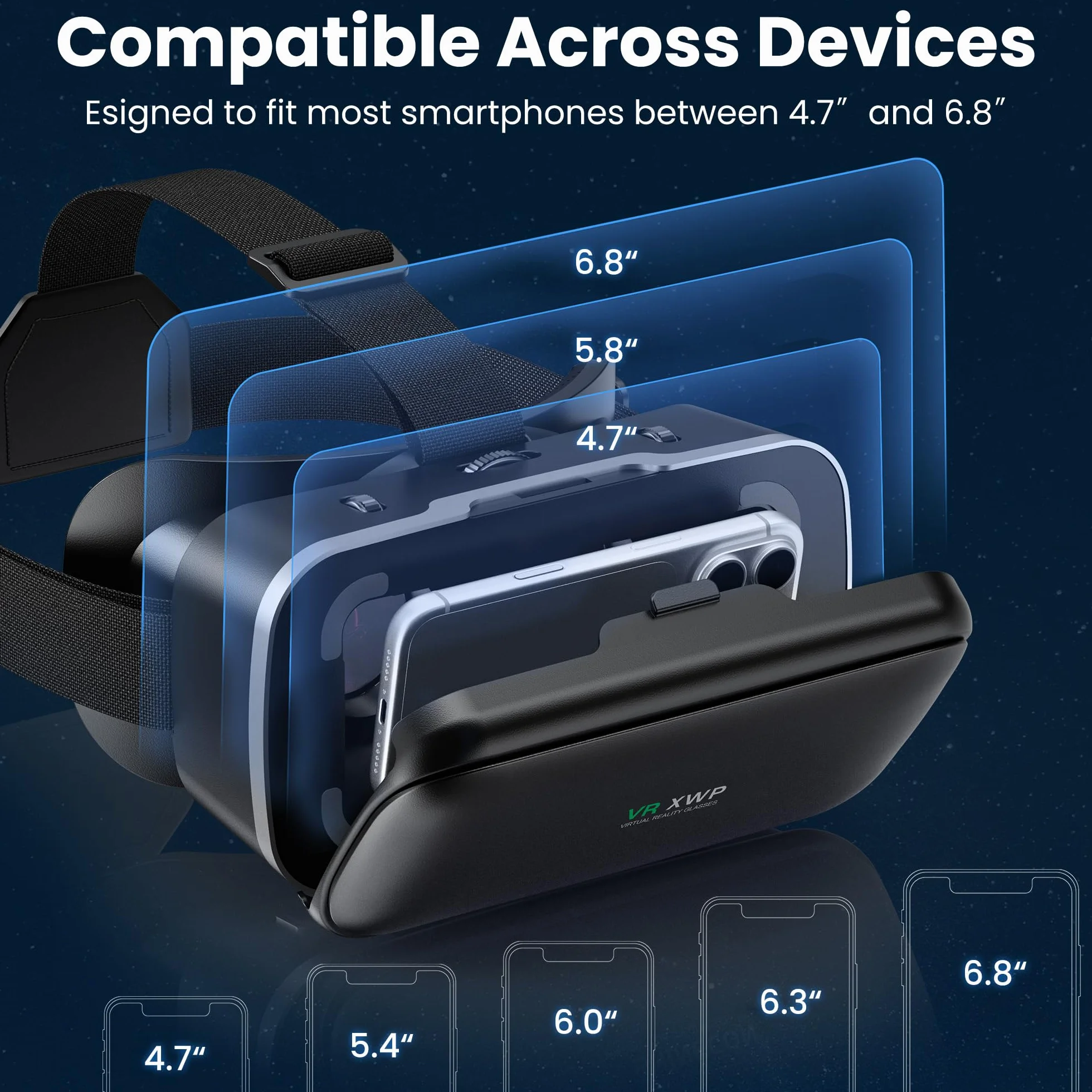 XWP Visore VR, Occhiali di Realtà Virtuale 3D con Lenti HD Anti-Luce Blu per Film e Giochi su Smartphone, Compatibile con Smartphone iOS/Android (4.7–6.8"), Regalo di Natale per Amici e Famiglie