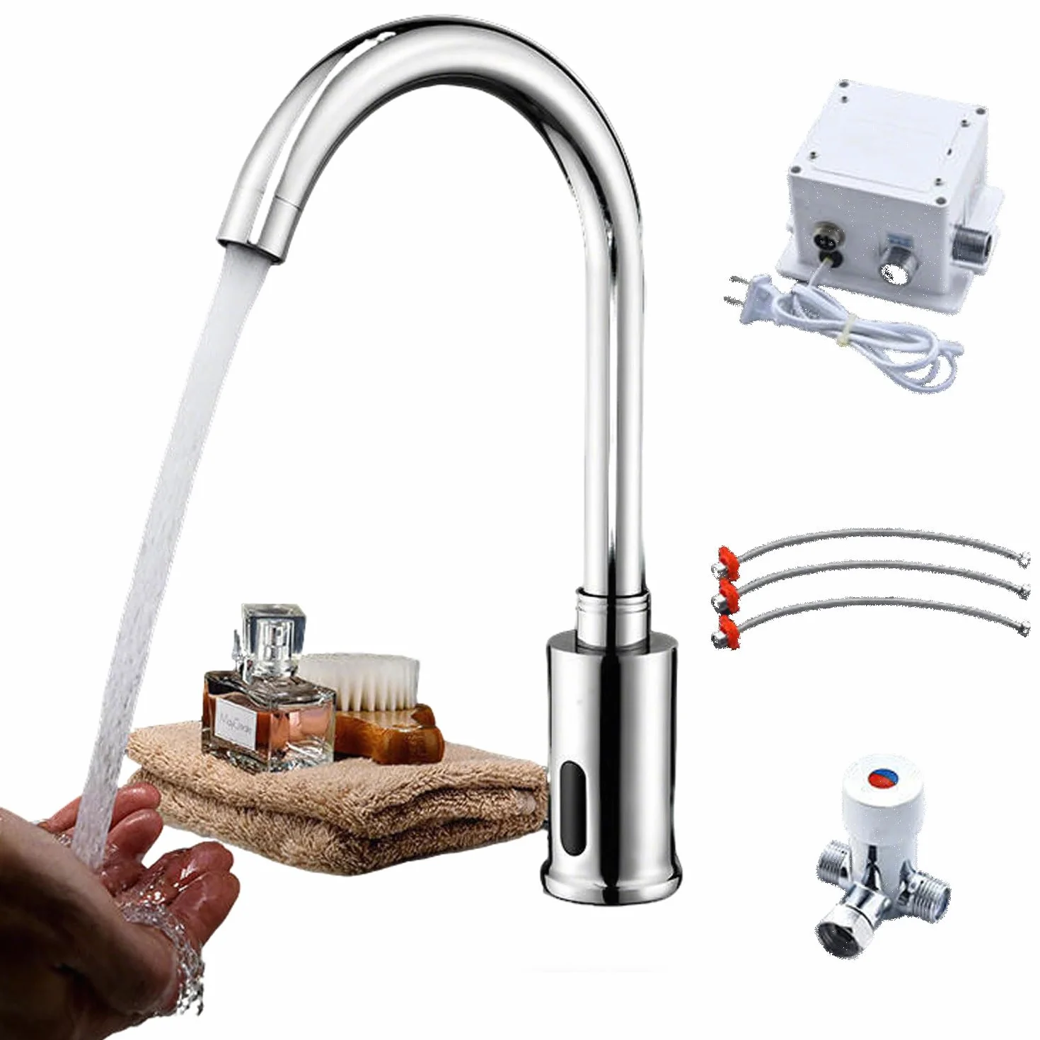 Rubinetto Con Sensore A Infrarossi Automatico Bagno Lavabo Alto 32 Cm Senza Contatto Batteria Ottone Antibatterico Resistente Corrosione Miscelatore