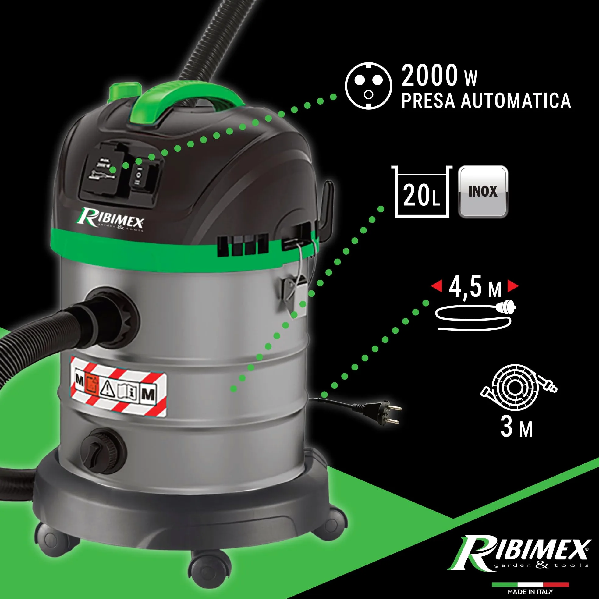 Ribimex Aspiratore Solidi e Liquidi Aspirix Serie Pro Classe M, Bidone Aspiratutto Professionale 20 L, 1400 W, Presa Elettroutensili e Funzione Soffiante, Accessori Inclusi - PRASP20M