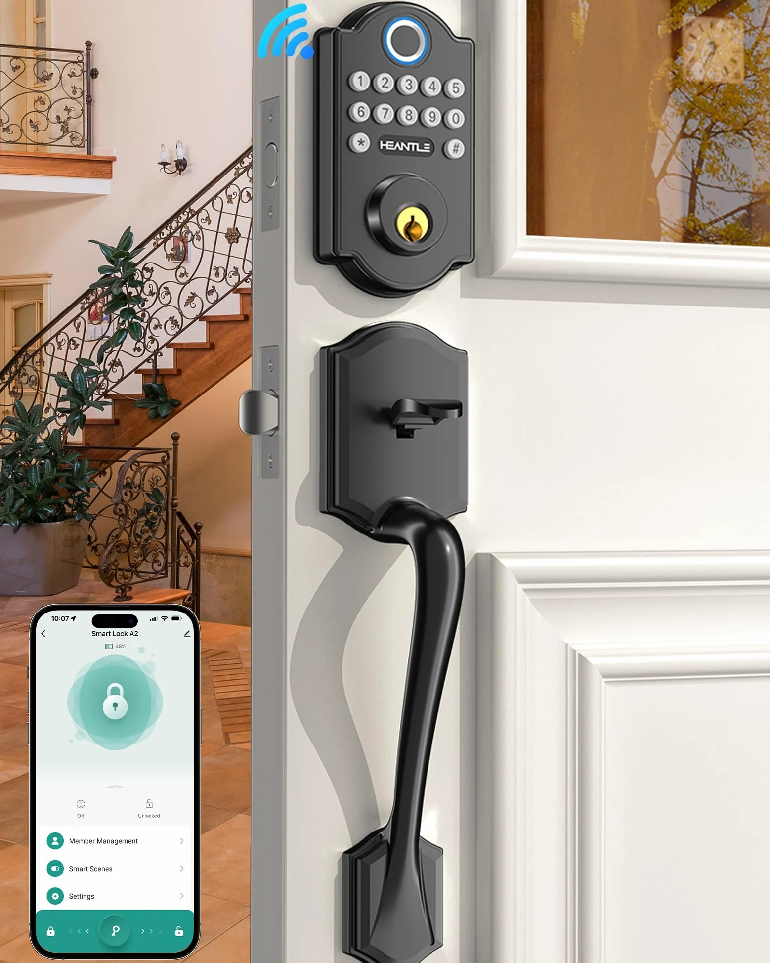 Set di serrature smart WiFi: HEANTLE Keyless Entry Serratura per porta d'ingresso, tastiera digitale elettronica con impronte digitali, chiavistello con maniglie, app telecomando, Alexa Voice