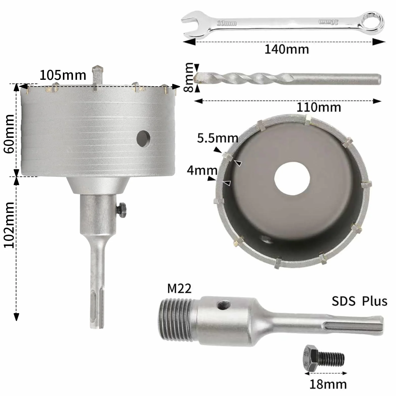 Carotatrice a Tazza per Muro Ø 105mm SDS PLUS 110mm Punta Centraggio 8mm Sega per Calcestruzzo