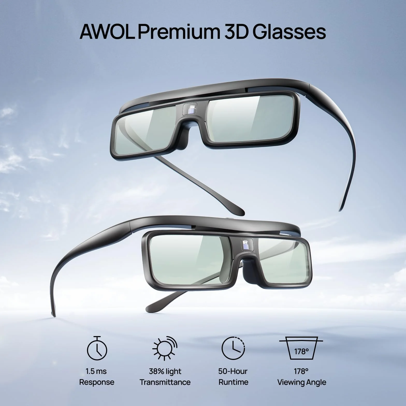 AWOL VISION DLP Link 3D Glasses, occhiali ricaricabili con otturatore attivo compatibili con AWOL VISION LTV-2500, LTV-3500, Vanish TV e altri proiettori DLP-Link 3D (Nero 2PCS)
