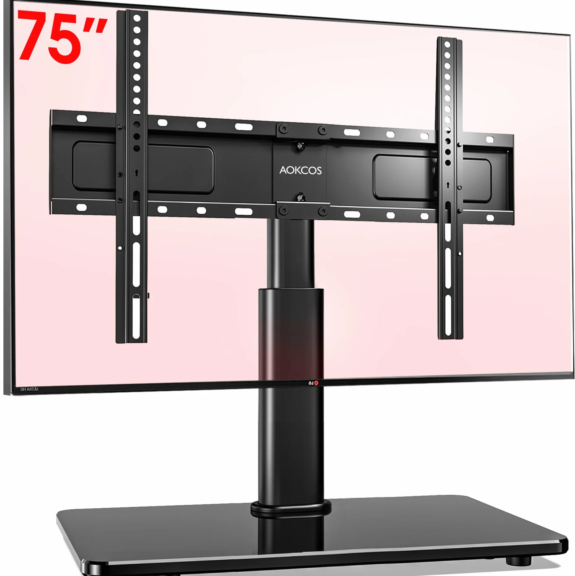 AOKCOS Supporto TV da Tavolo Inclinabile per 32-55 65 70 75 Pollici, Girevole Altezza Regolabile Piedistallo TV con Base, Mobile Porta TV Max VESA 600x400mm 45KG