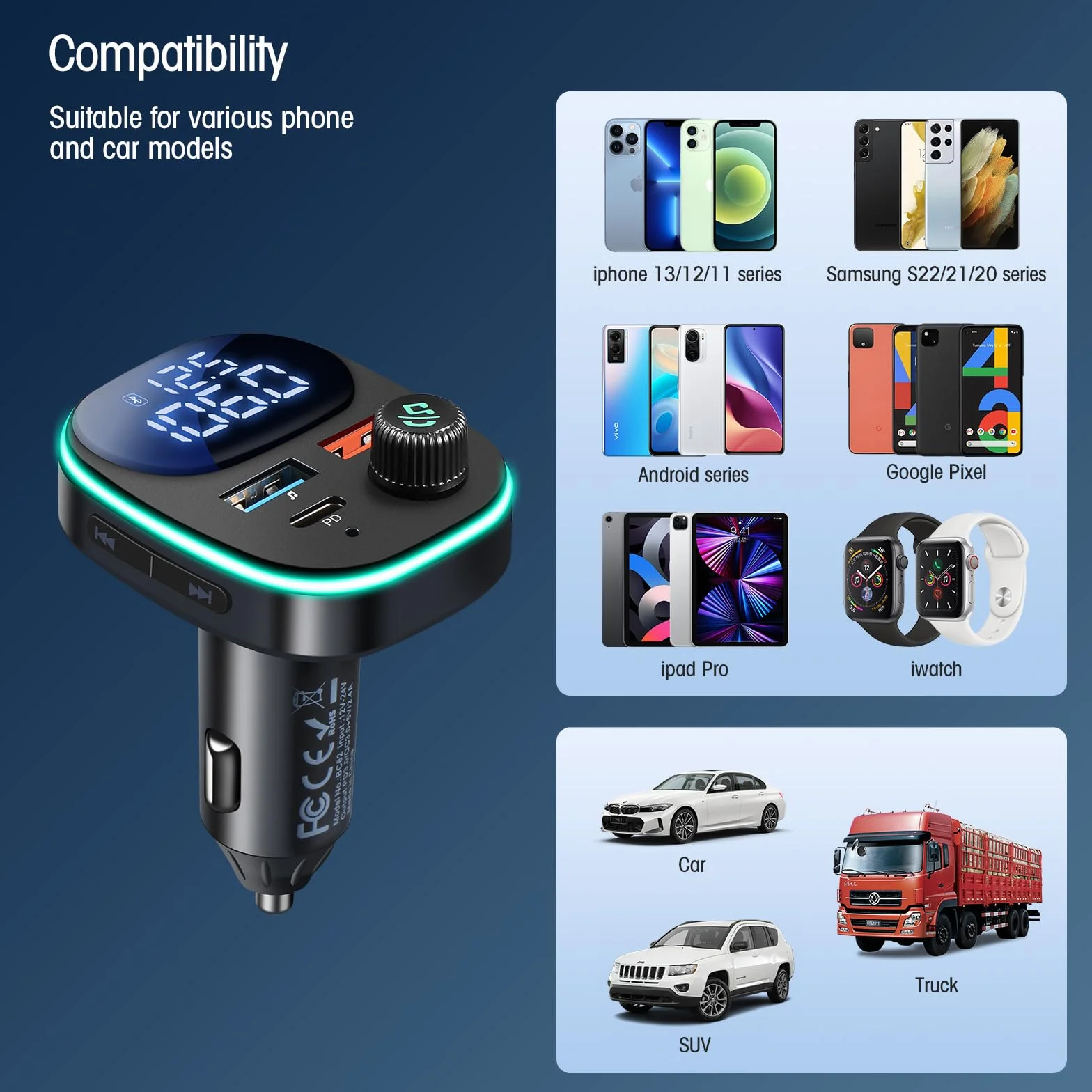 Hoppac Trasmettitore Bluetooth 5.3 Per Auto, PD 30W & QC 3.0 Adattatore Bluetooth Auto Per La Ricarica Rapida, Display LED,Per Ascoltare Musica e Telefonare in Vivavoce