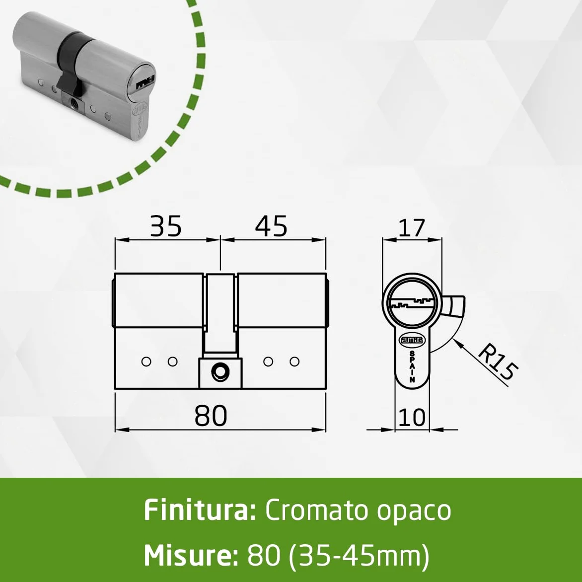 Amig - Cilindro di sicurezza - Serratura per porte in Legno - Antigrimaldello e Antibumping - Cilindro Antiestrazione e Antirottura - Include 5 chiavi - Argento opaco - Misure: 80 (35-45) mm