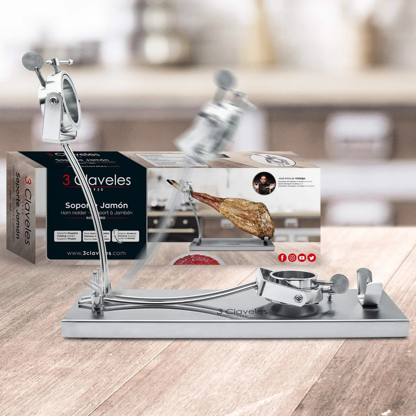 SOPORTE JAMONERO INOX PRO PLEGABLE CABEZAL GIRATORIO 3C