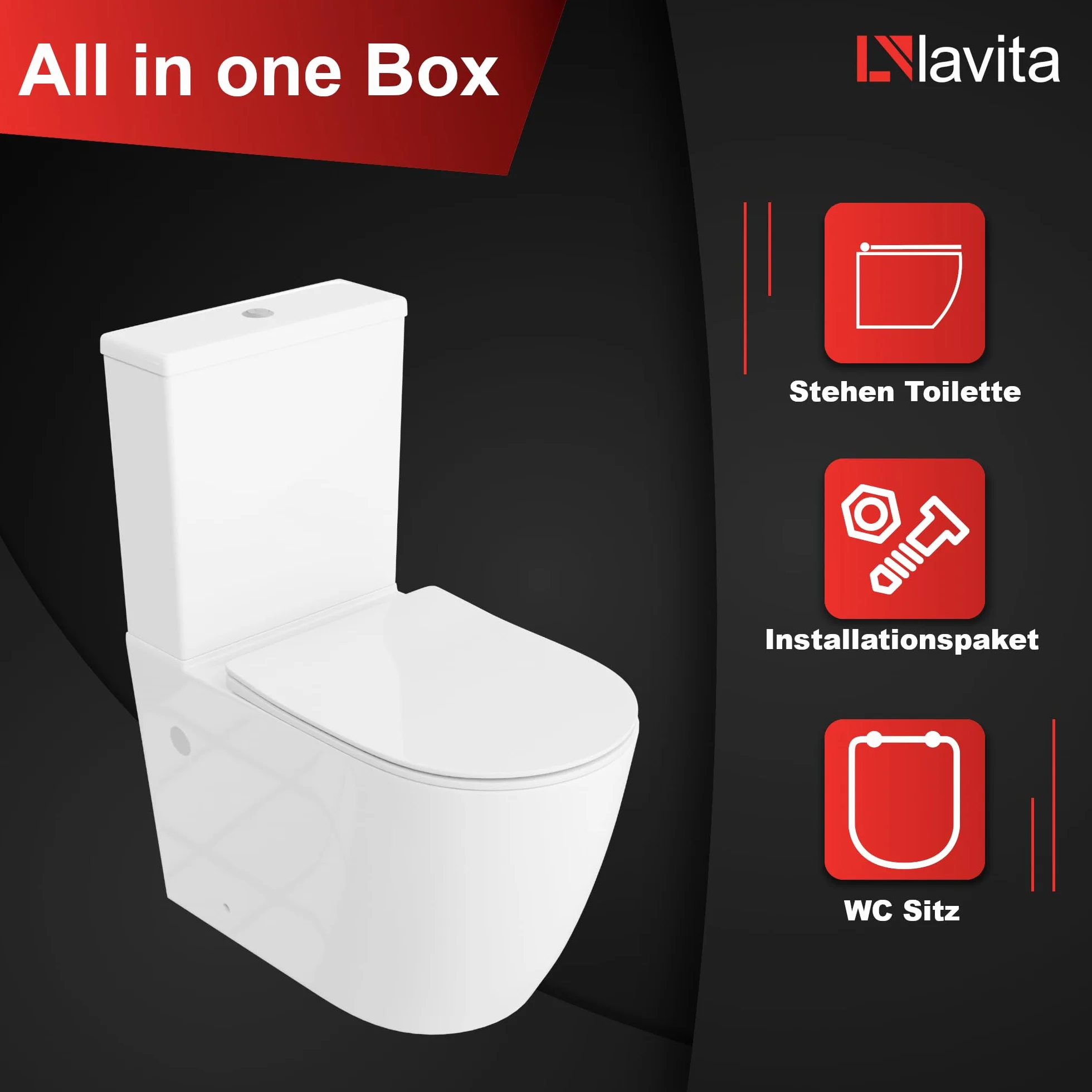 LAVITA WC monoblocco con cassetta di scarico integrata RUNSON WHITE ceramica senza brida chiusura ammortizzata TORNADO